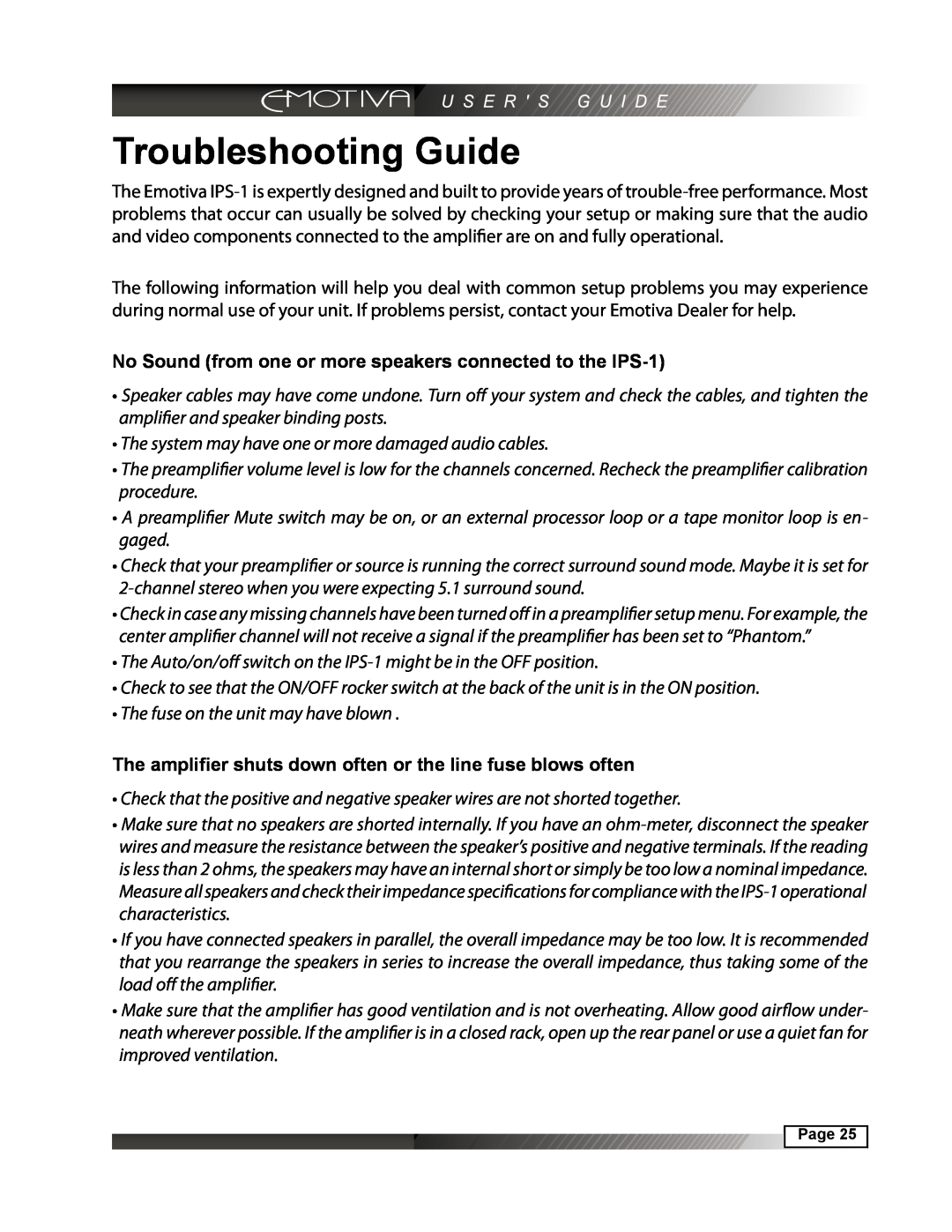 Emotiva IPS-1 manual Troubleshooting Guide 
