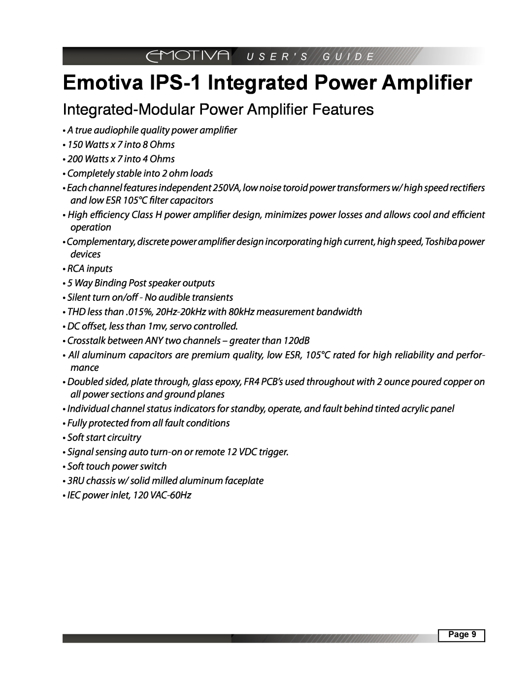 Emotiva manual Emotiva IPS-1Integrated Power Amplifier, Integrated-ModularPower Amplifier Features 
