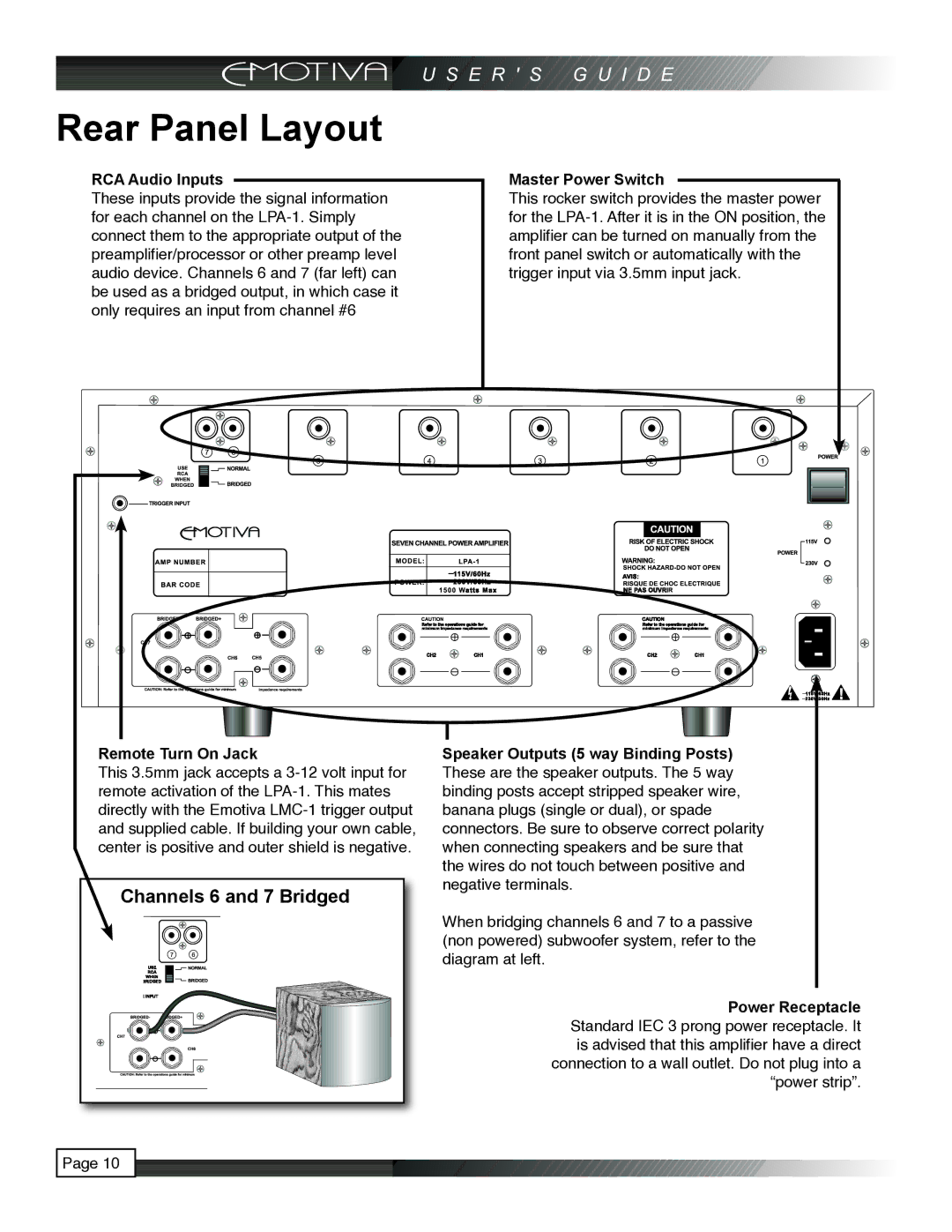 Emotiva LPA-1 manual Rear Panel Layout, Channels 6 and 7 Bridged 