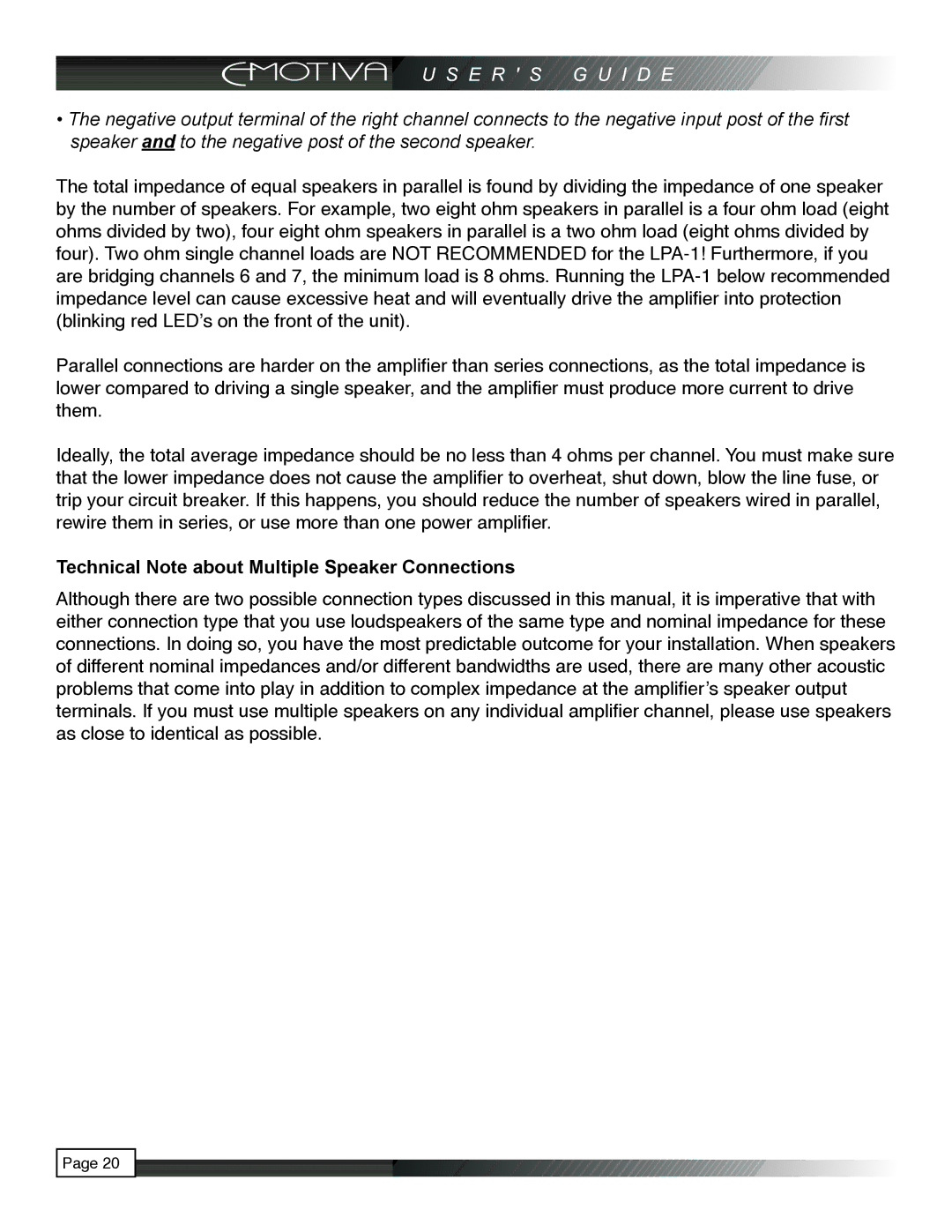 Emotiva LPA-1 manual Technical Note about Multiple Speaker Connections 