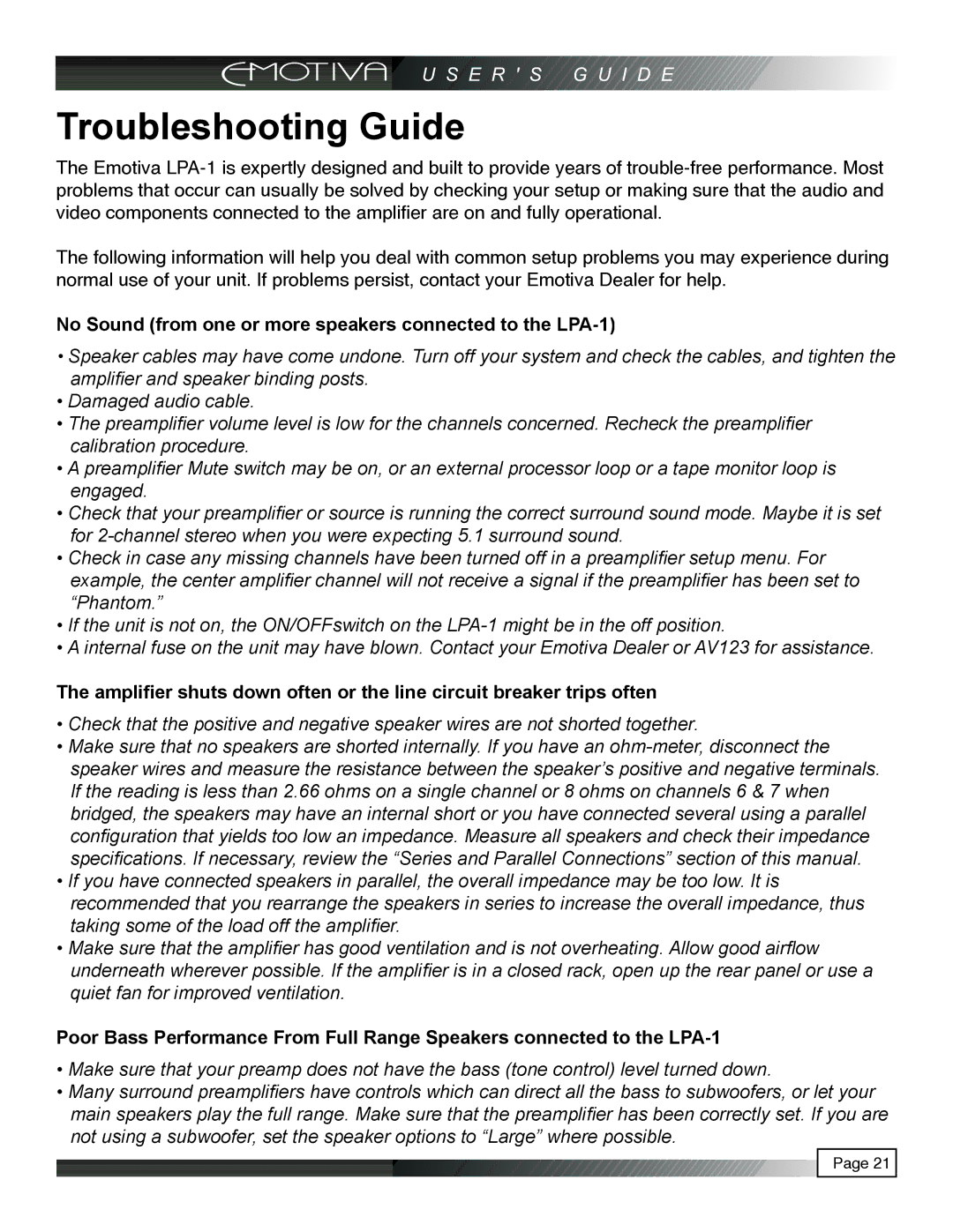 Emotiva manual Troubleshooting Guide, No Sound from one or more speakers connected to the LPA-1 