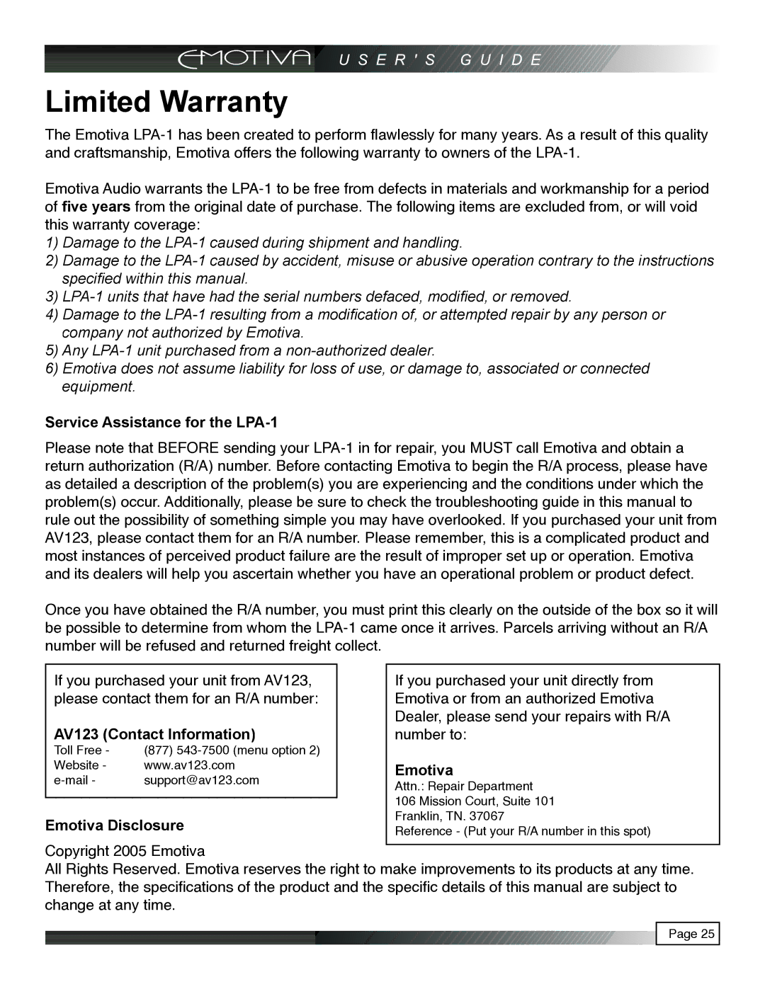 Emotiva manual Limited Warranty, Service Assistance for the LPA-1, AV123 Contact Information, Emotiva Disclosure 