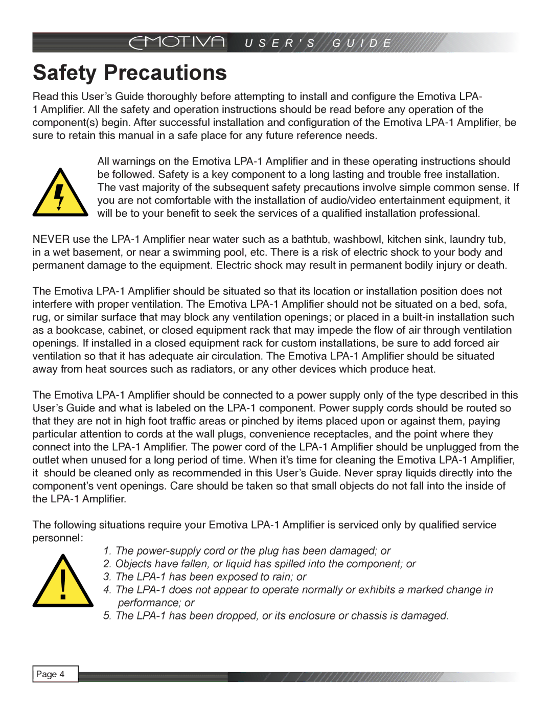 Emotiva LPA-1 manual Safety Precautions 