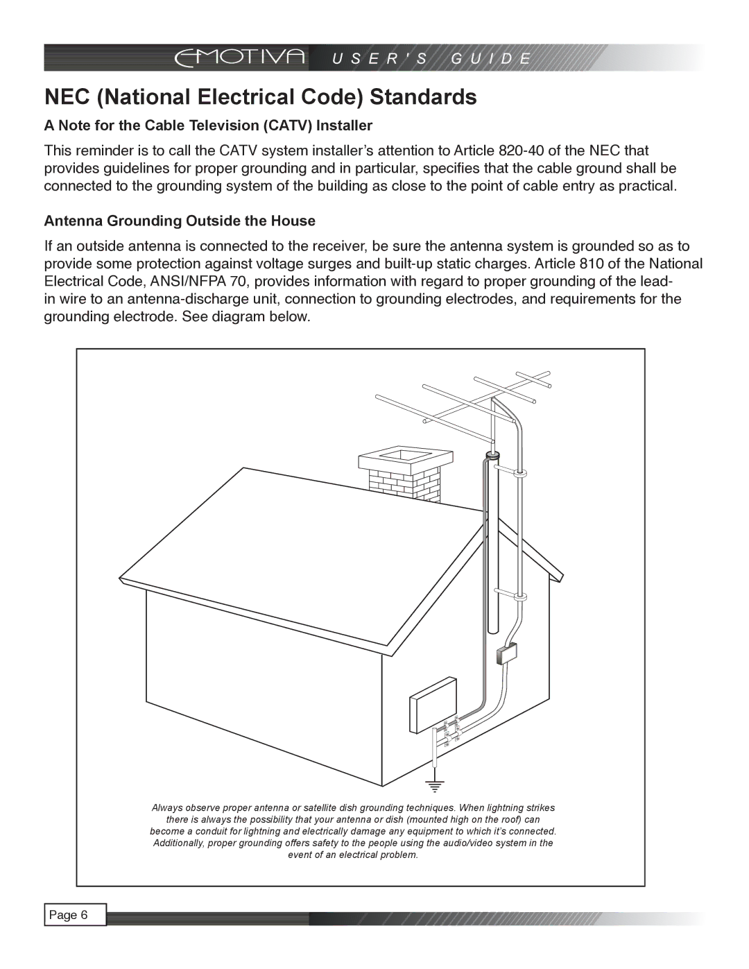 Emotiva LPA-1 manual NEC National Electrical Code Standards, Antenna Grounding Outside the House 