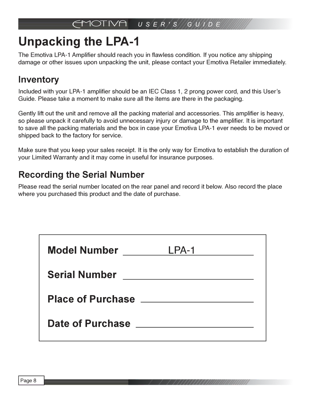 Emotiva manual Unpacking the LPA-1, Inventory, Recording the Serial Number 