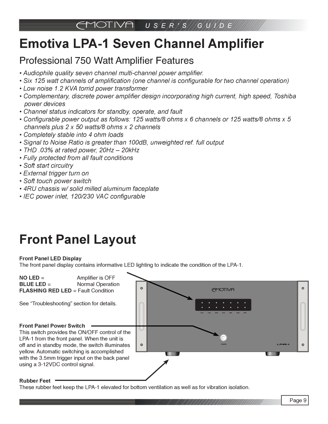 Emotiva manual Emotiva LPA-1 Seven Channel Amplifier, Front Panel Layout 