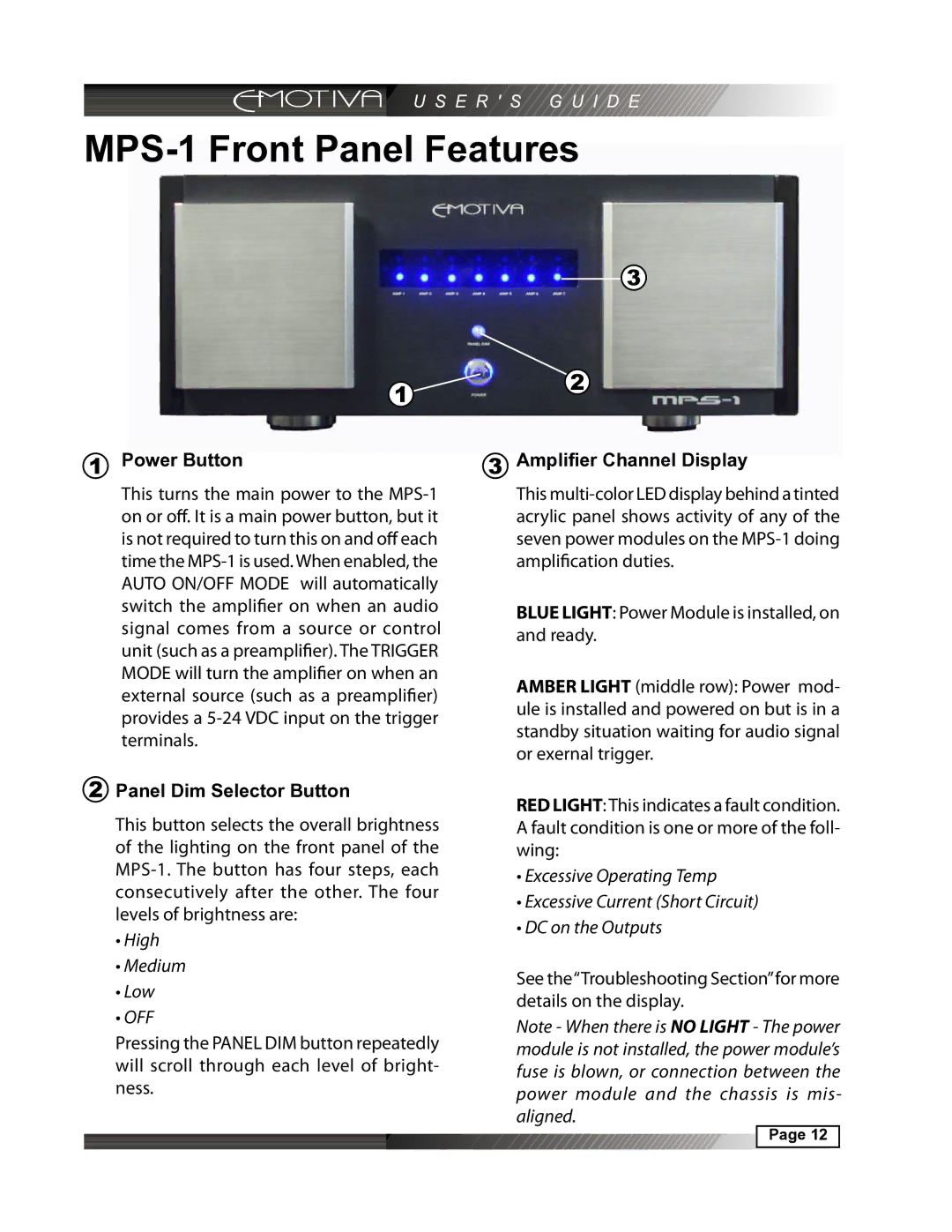 Emotiva manual MPS-1 Front Panel Features, Power Button Amplifier Channel Display, Panel Dim Selector Button 