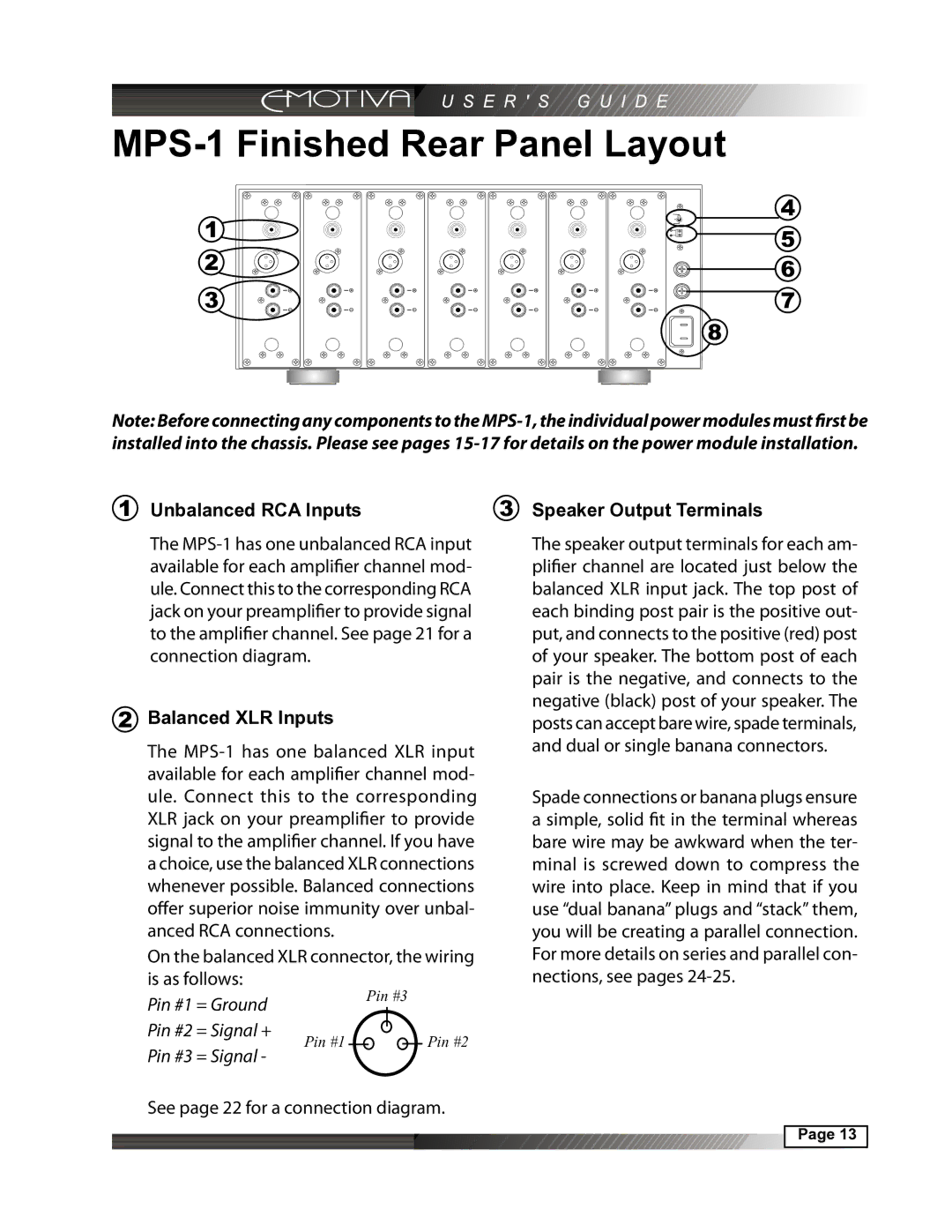 Emotiva manual MPS-1 Finished Rear Panel Layout, Unbalanced RCA Inputs Speaker Output Terminals, Balanced XLR Inputs 