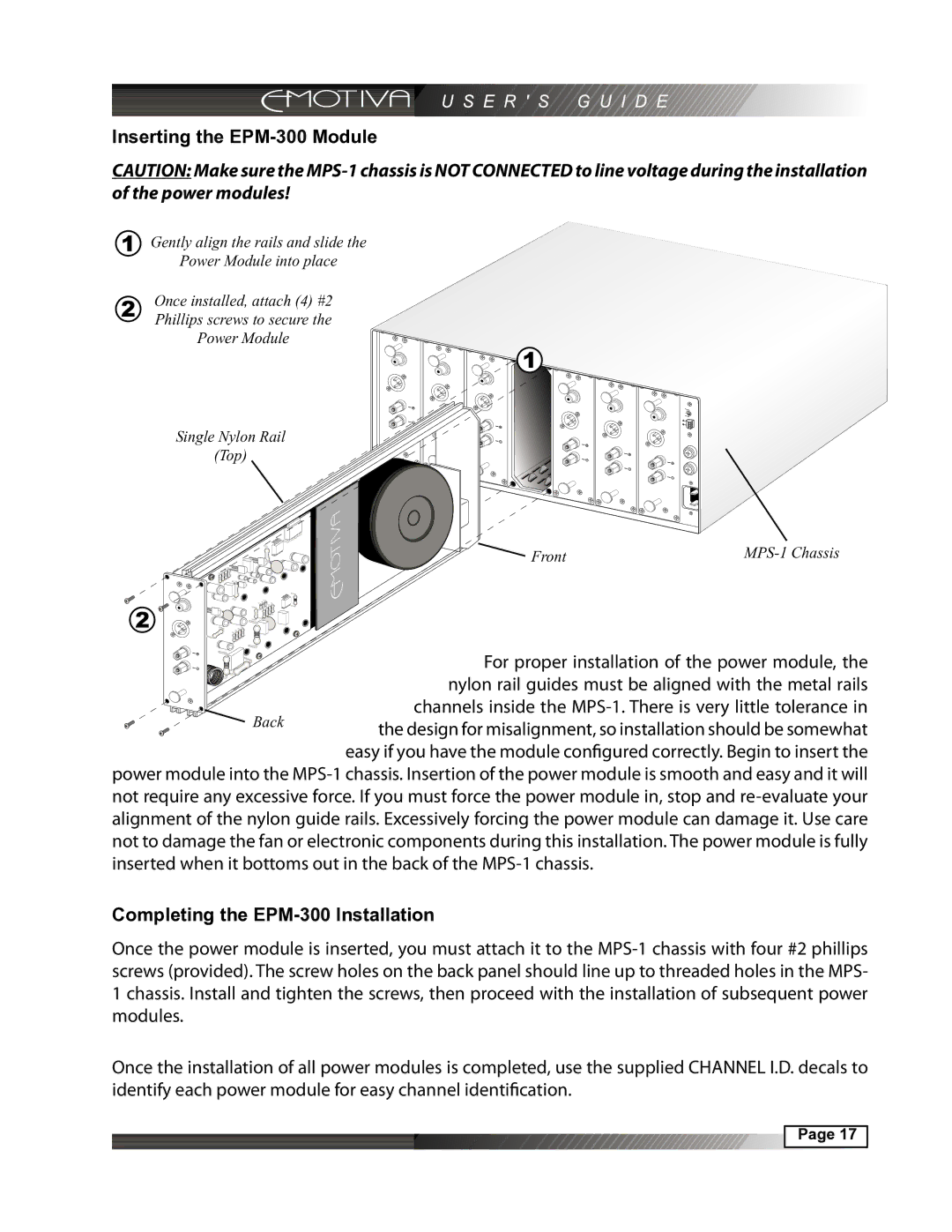 Emotiva MPS-1 manual For proper installation of the power module 