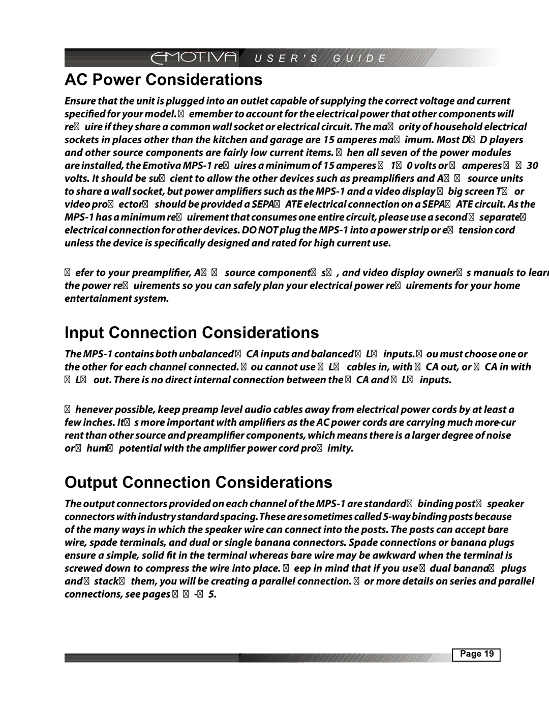 Emotiva MPS-1 manual AC Power Considerations, Input Connection Considerations, Output Connection Considerations 