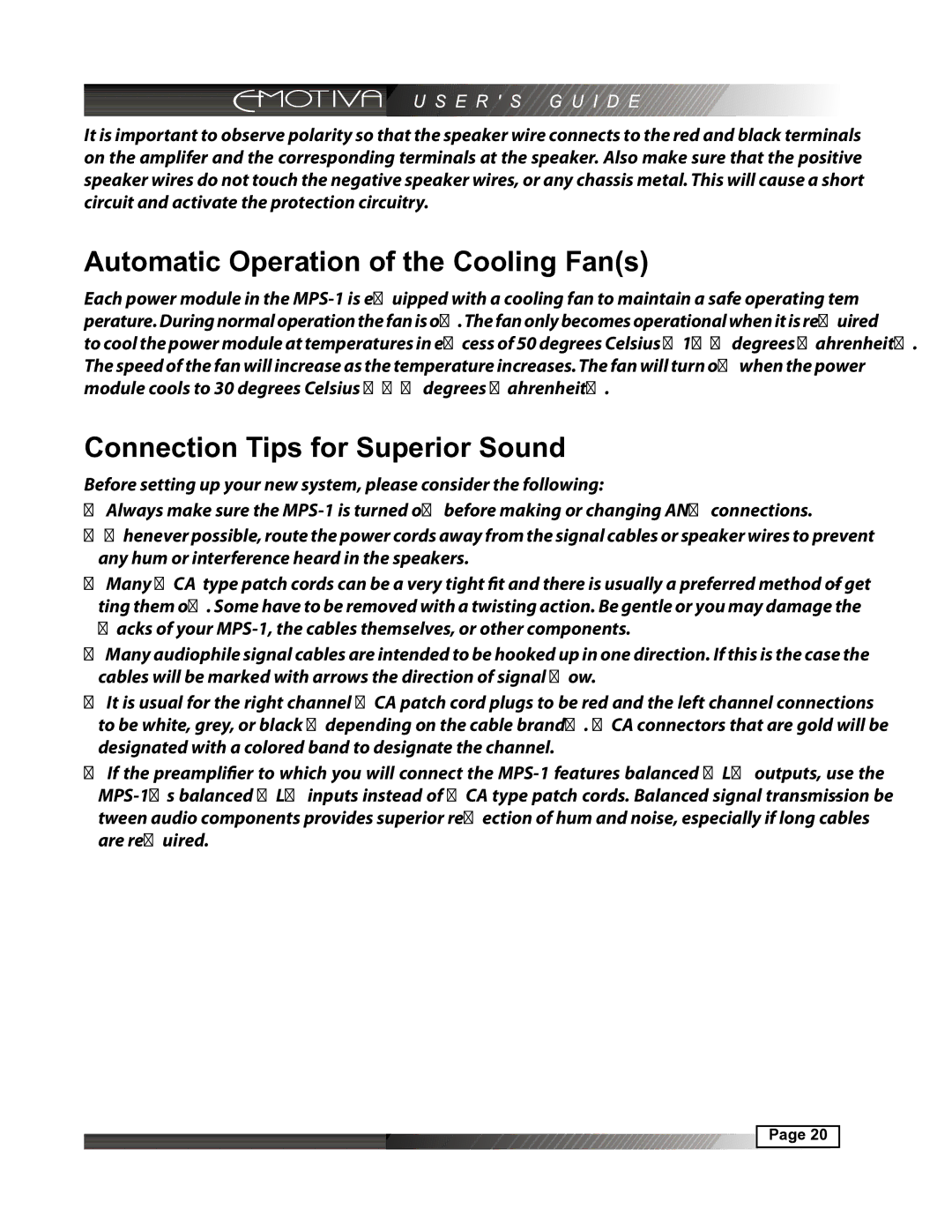 Emotiva MPS-1 manual Automatic Operation of the Cooling Fans, Connection Tips for Superior Sound 