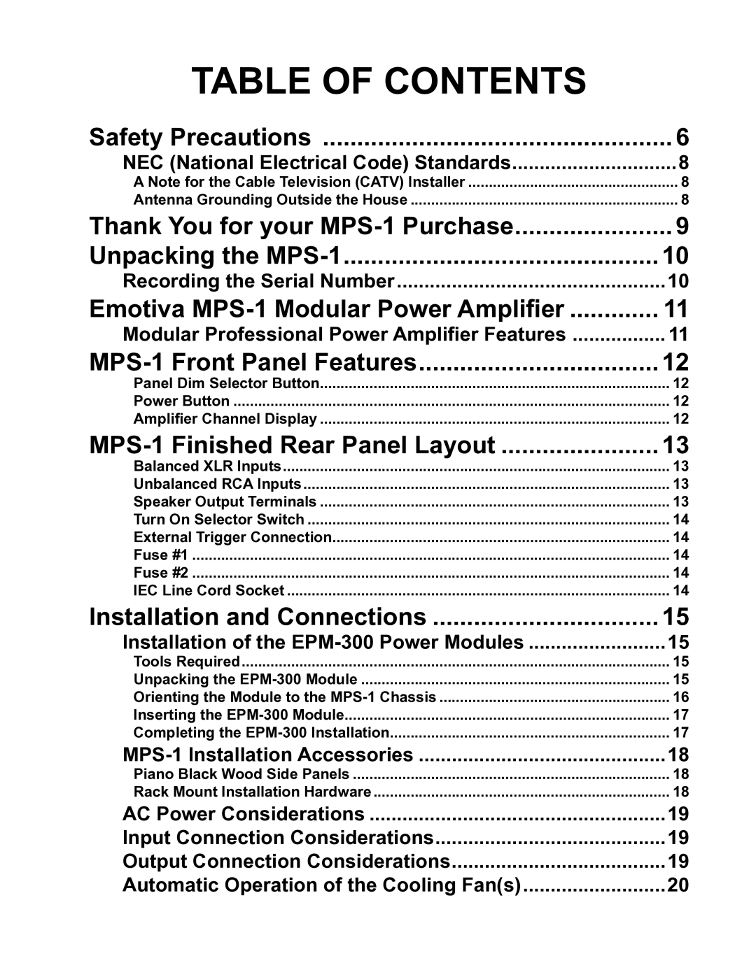 Emotiva MPS-1 manual Table of Contents 