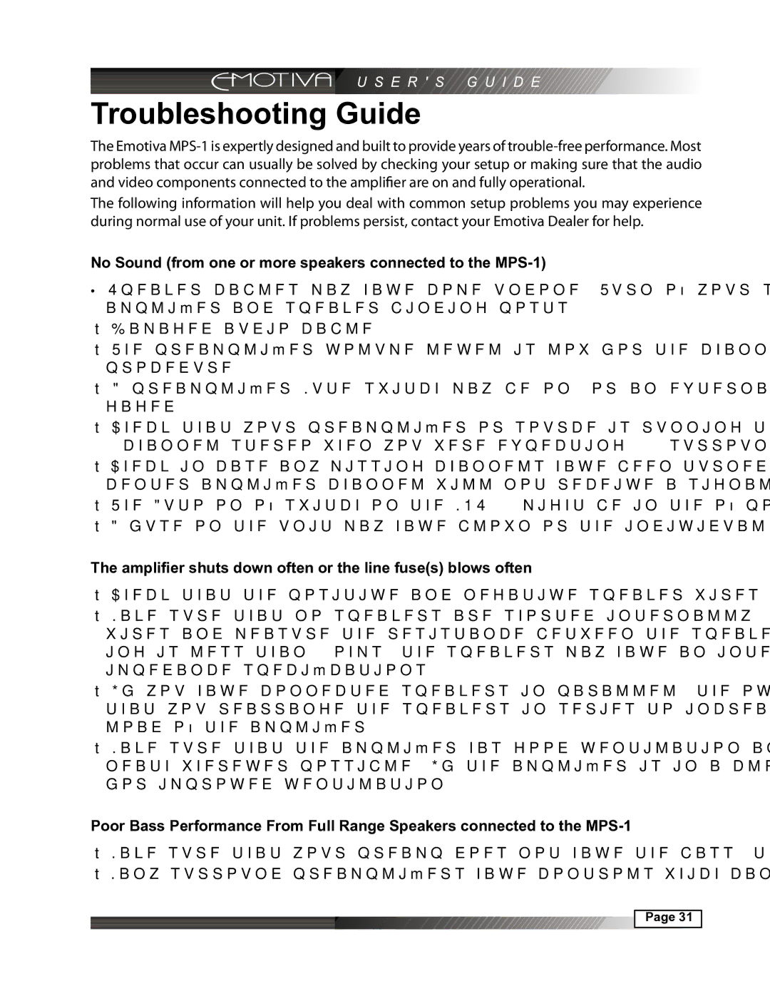 Emotiva manual Troubleshooting Guide, No Sound from one or more speakers connected to the MPS-1 