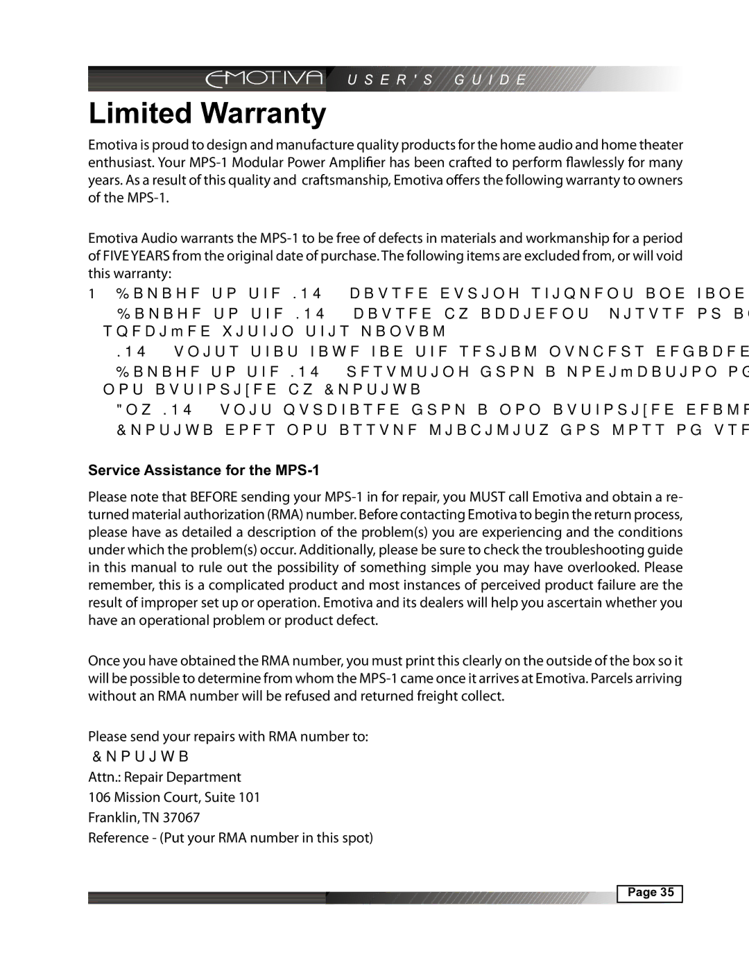 Emotiva manual Limited Warranty, Service Assistance for the MPS-1, Emotiva 