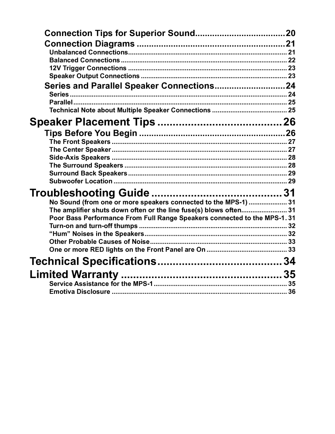 Emotiva Connection Tips for Superior Sound Connection Diagrams, Service Assistance for the MPS-1 Emotiva Disclosure 