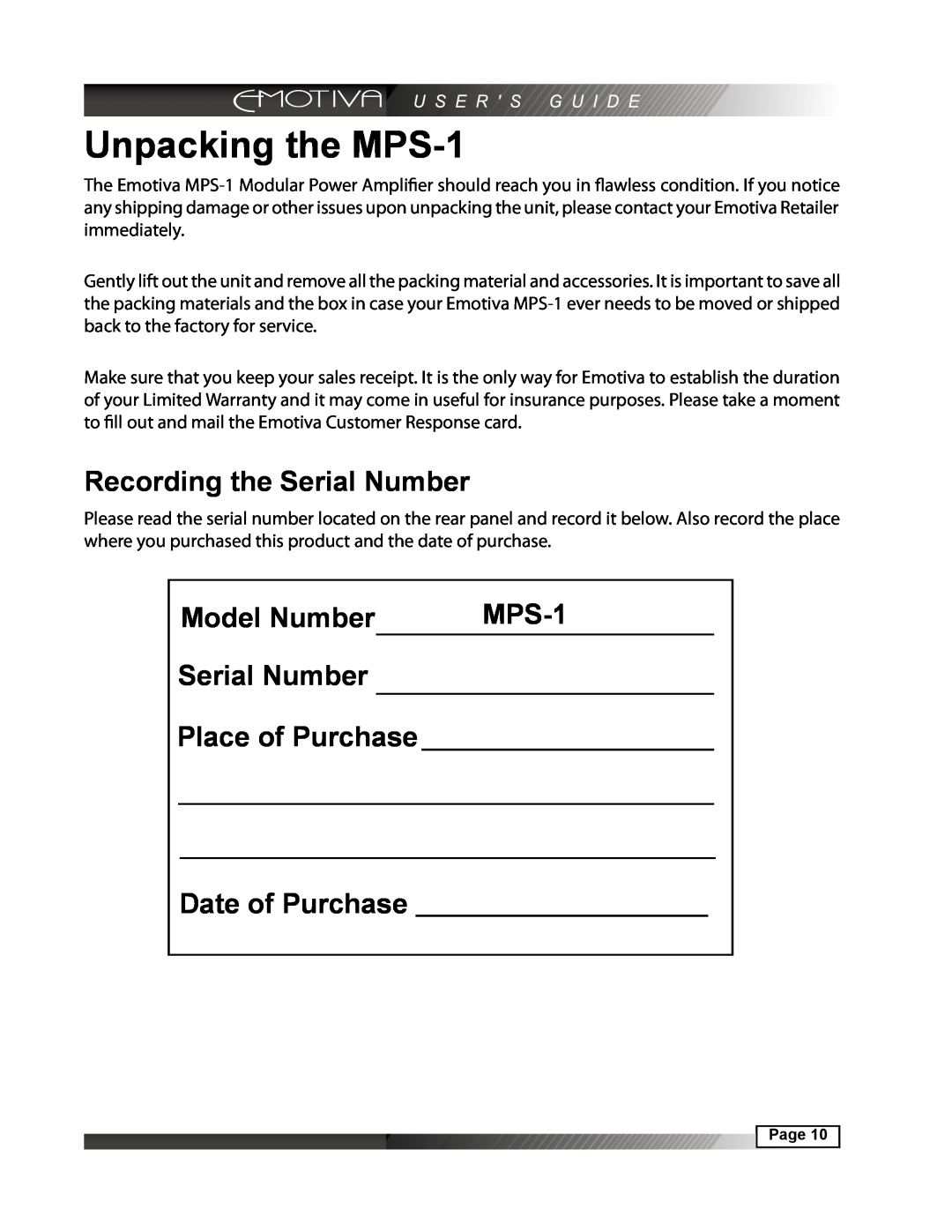 Emotiva manual Unpacking the MPS-1, Recording the Serial Number, Place of Purchase, Date of Purchase, Model Number 