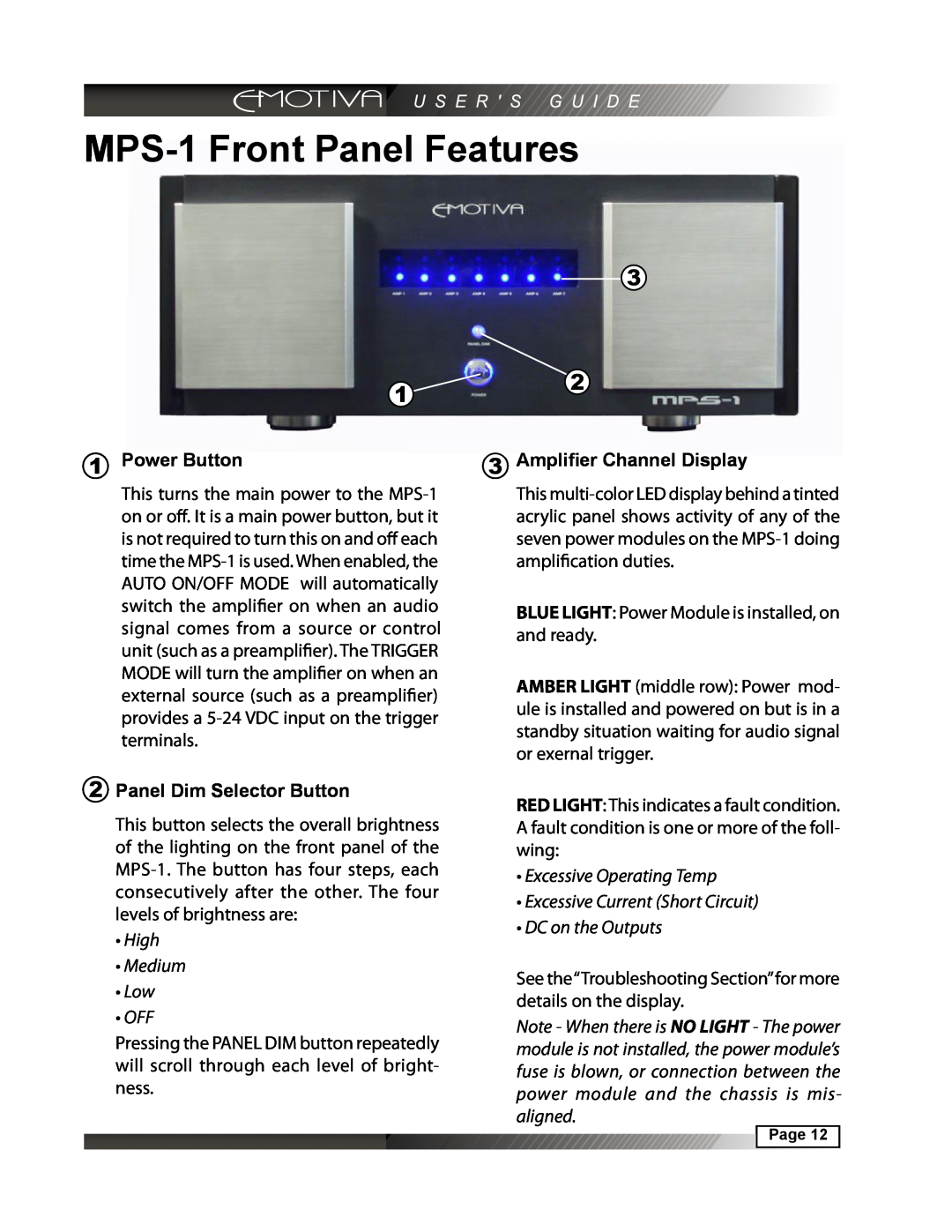 Emotiva manual MPS-1Front Panel Features, Power Button, Amplifier Channel Display, 2Panel Dim Selector Button 