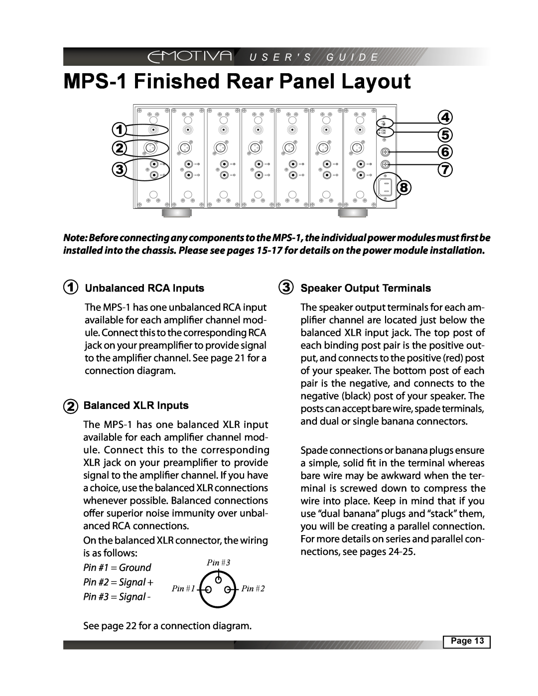 Emotiva manual MPS-1Finished Rear Panel Layout, Unbalanced RCA Inputs, Speaker Output Terminals, Balanced XLR Inputs 