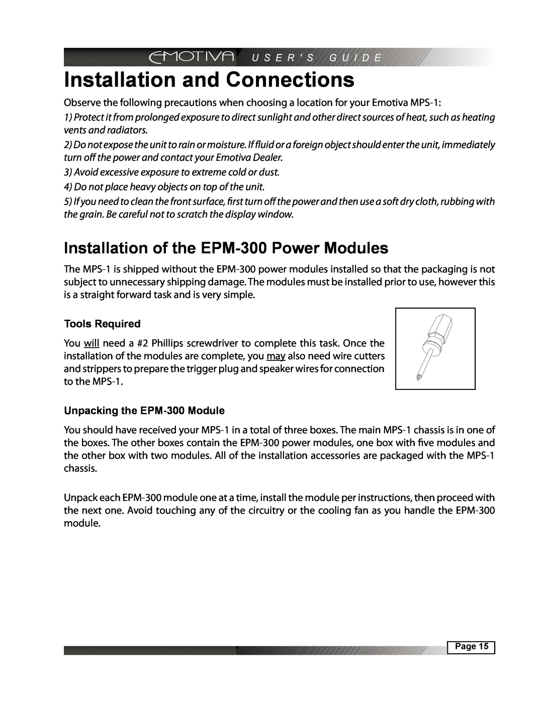 Emotiva MPS-1 manual Installation and Connections, Installation of the EPM-300Power Modules 
