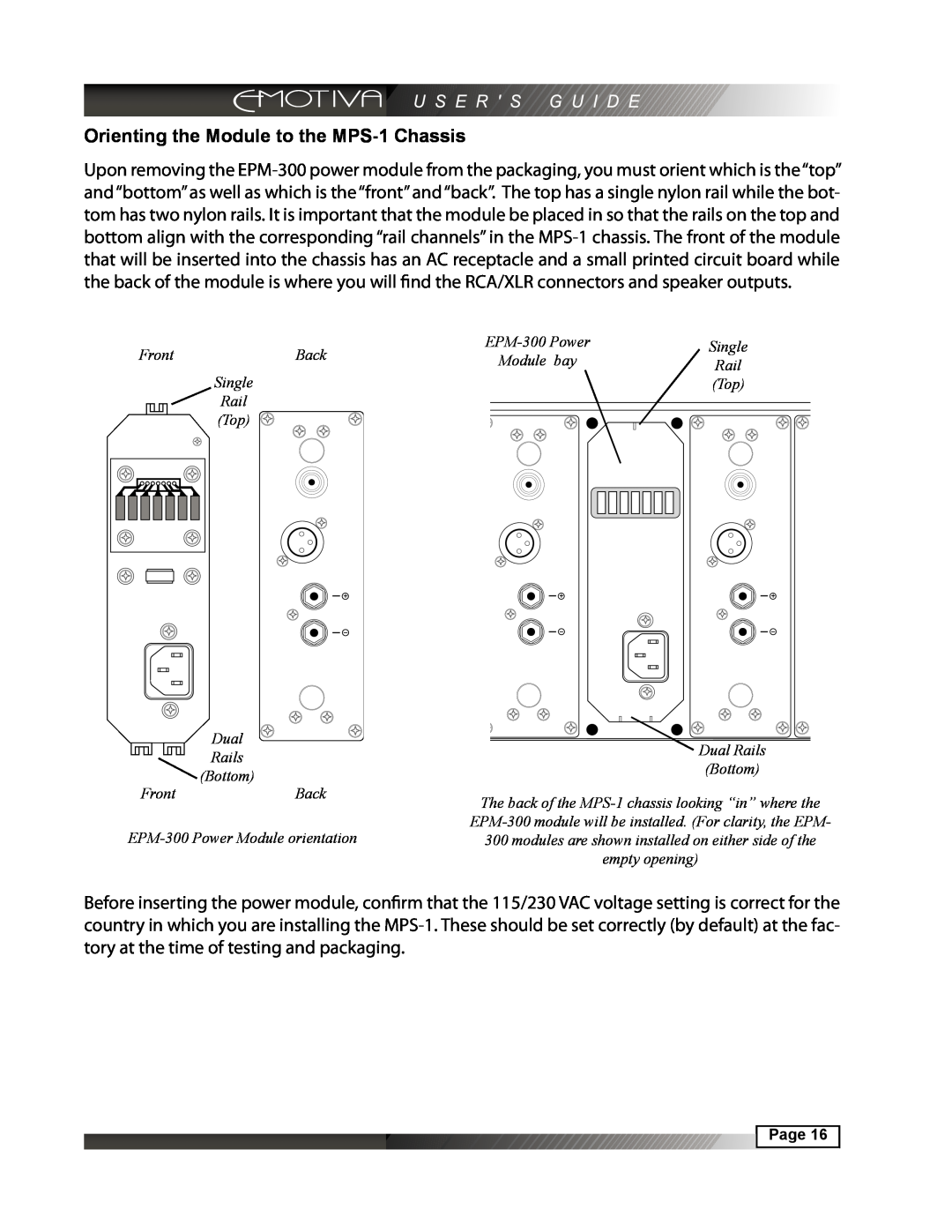 Emotiva MPS-1 manual FrontBack Single Rail Top Dual Rails Bottom, FrontBack EPM-300Power Module orientation, Module bay 
