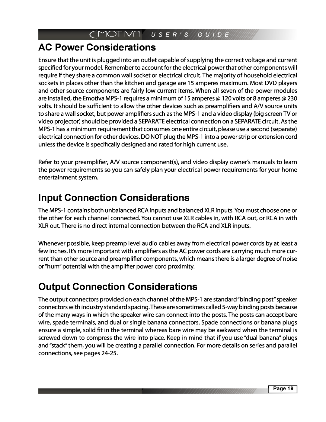 Emotiva MPS-1 manual AC Power Considerations, Input Connection Considerations, Output Connection Considerations 