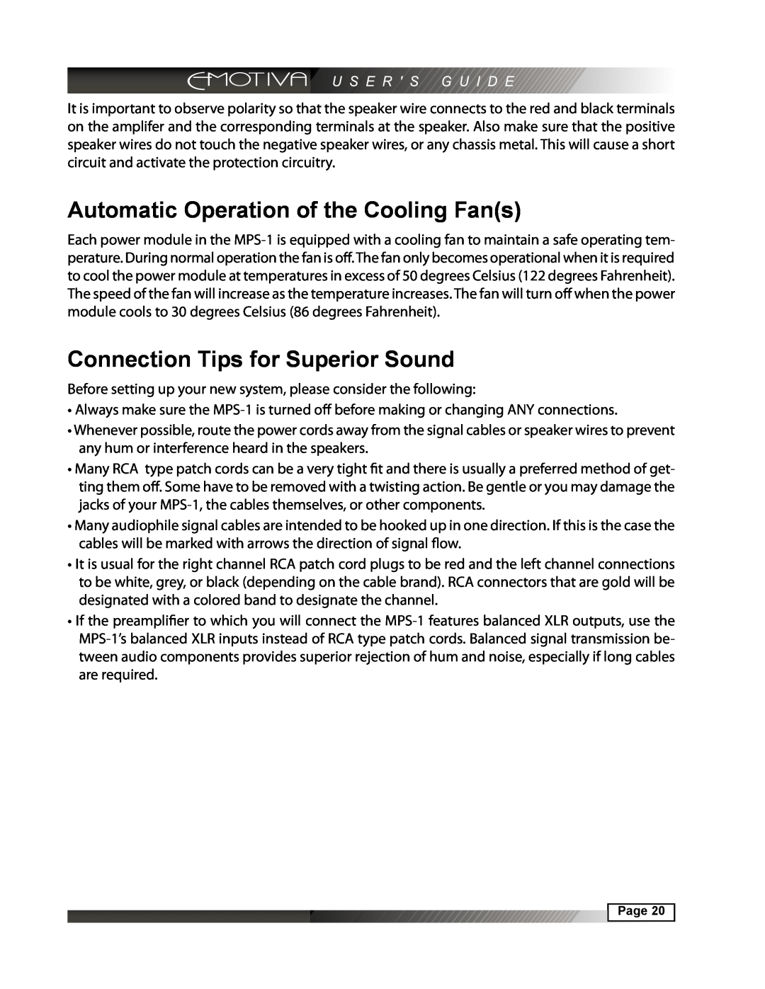Emotiva MPS-1 manual Automatic Operation of the Cooling Fans, Connection Tips for Superior Sound 