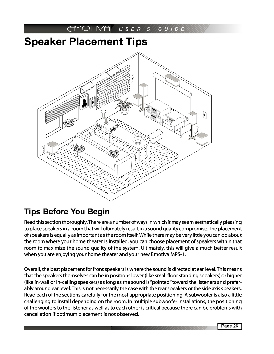 Emotiva MPS-1 manual Speaker Placement Tips, Tips Before You Begin 