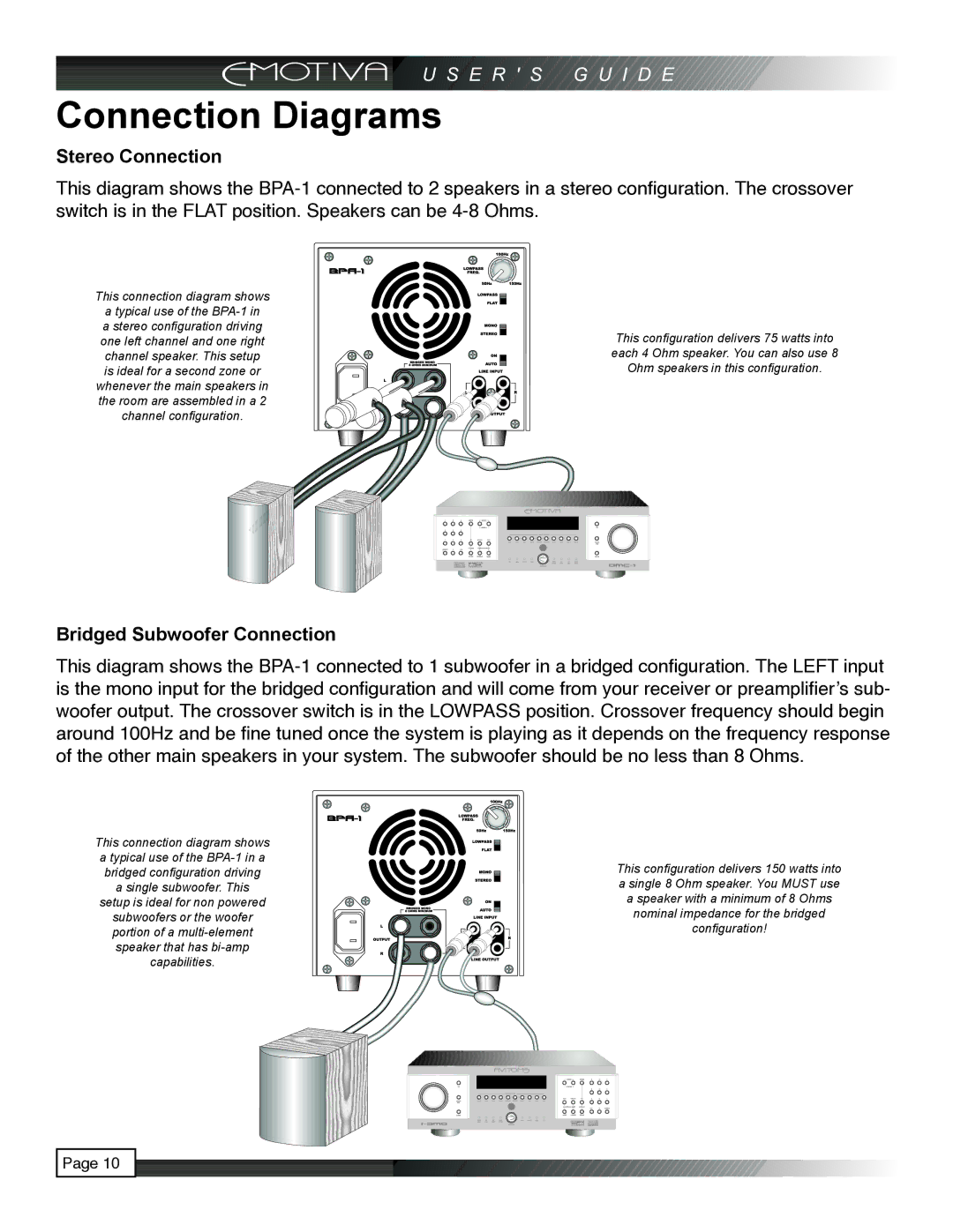 Emotiva pmn manual Connection Diagrams, Stereo Connection, Bridged Subwoofer Connection 