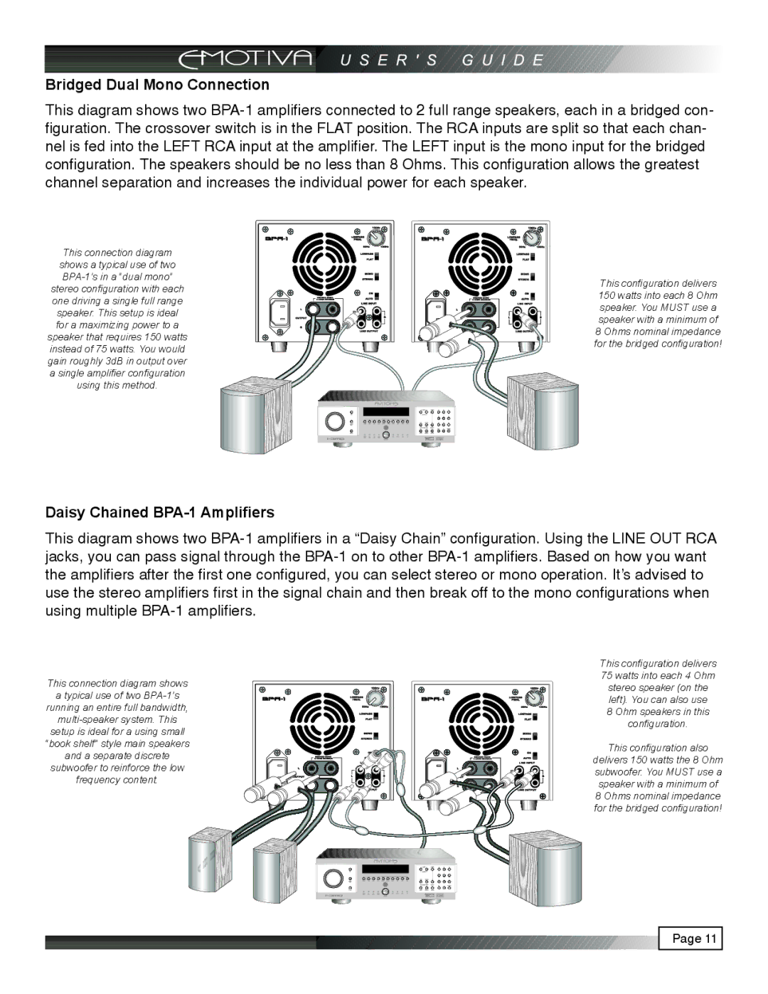 Emotiva pmn manual Bridged Dual Mono Connection, Daisy Chained BPA-1 Amplifiers 