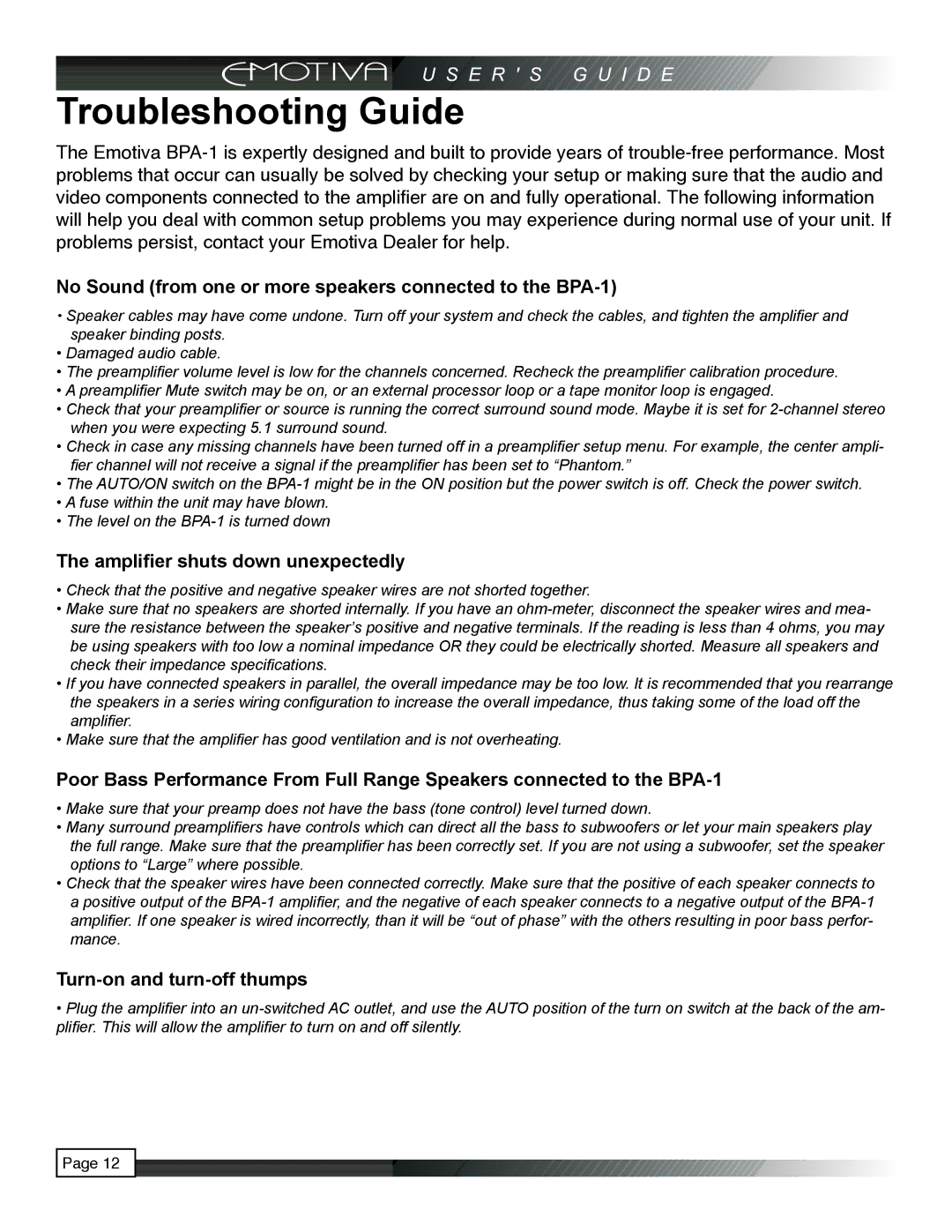 Emotiva pmn Troubleshooting Guide, No Sound from one or more speakers connected to the BPA-1, Turn-on and turn-off thumps 