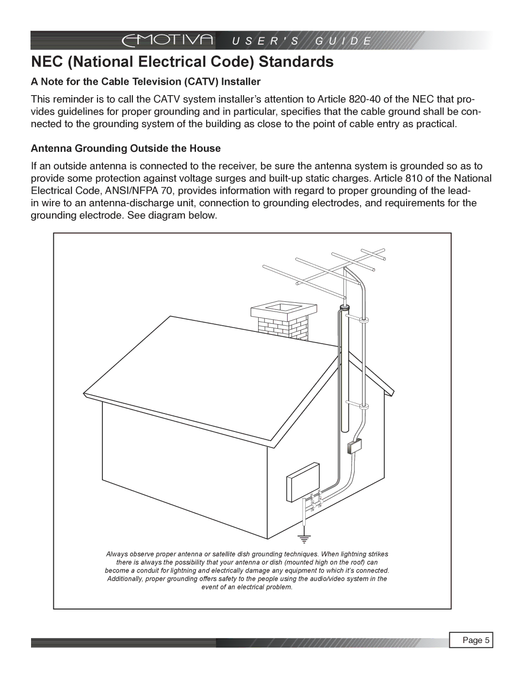 Emotiva pmn manual NEC National Electrical Code Standards, Antenna Grounding Outside the House 