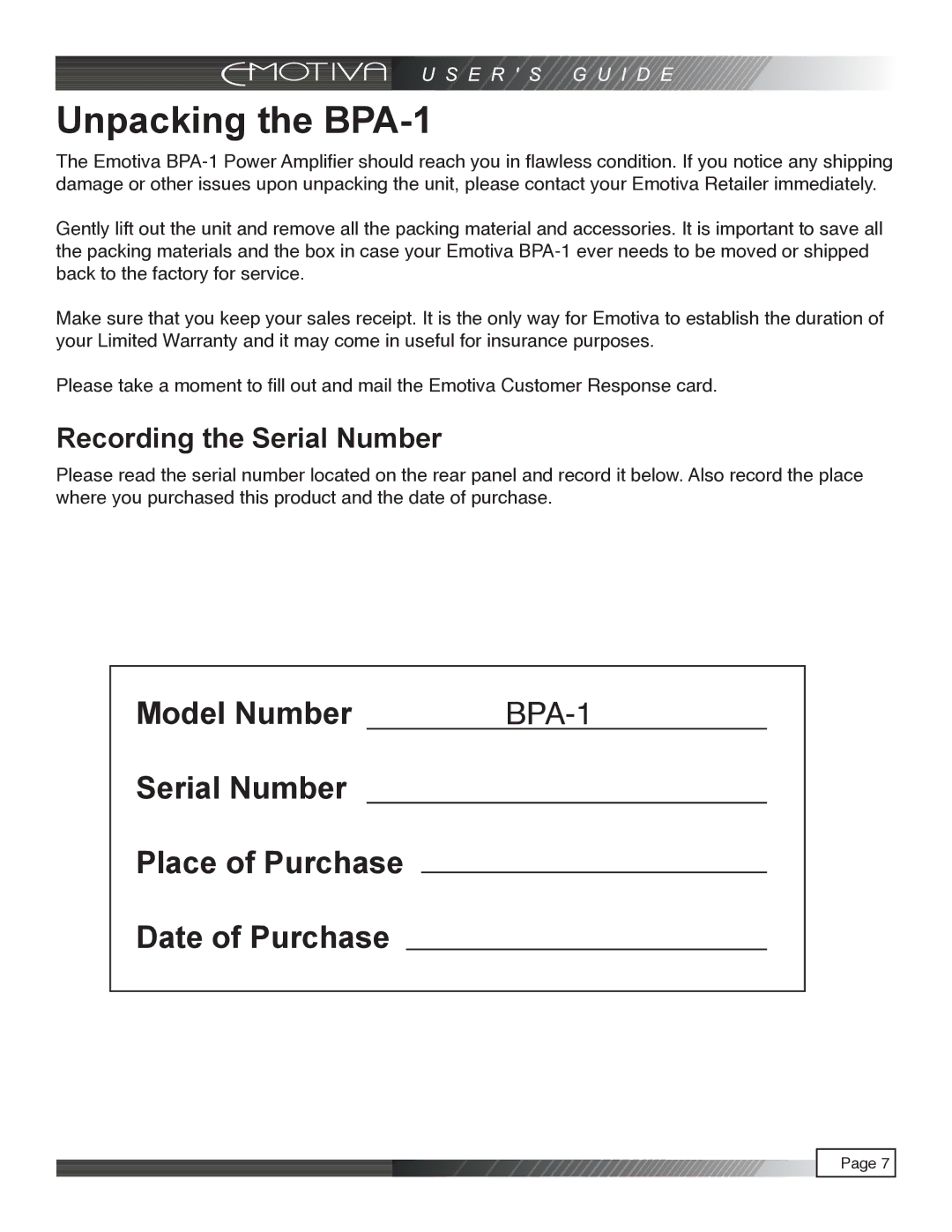 Emotiva pmn manual Unpacking the BPA-1, Recording the Serial Number 