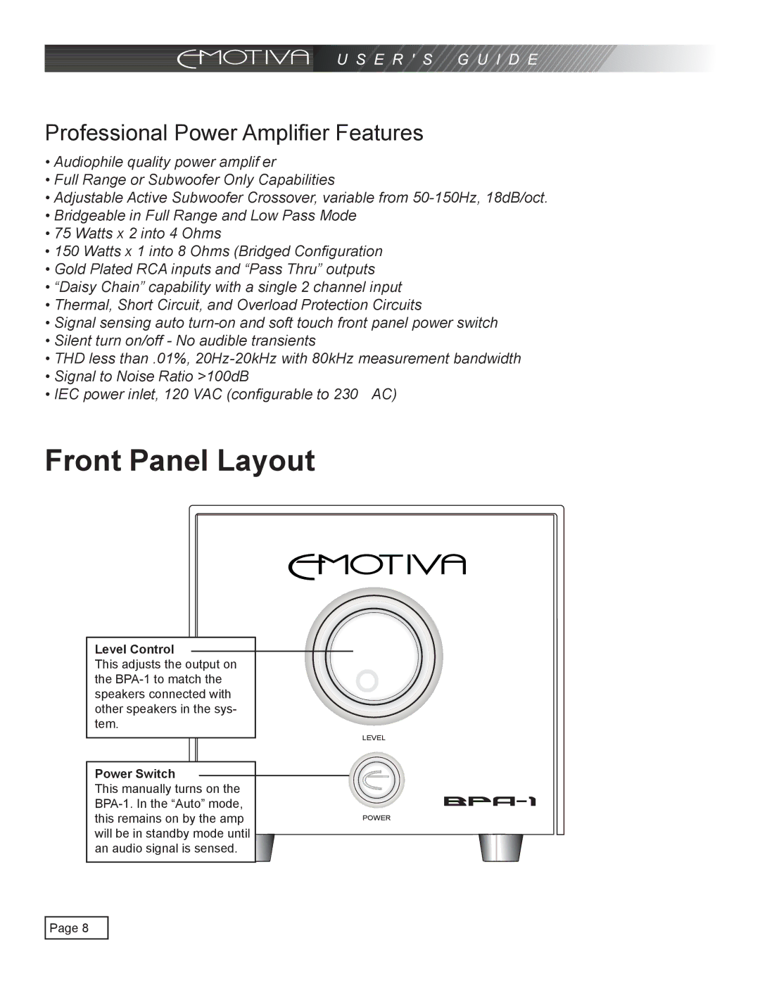 Emotiva pmn manual Front Panel Layout, Professional Power Amplifier Features 