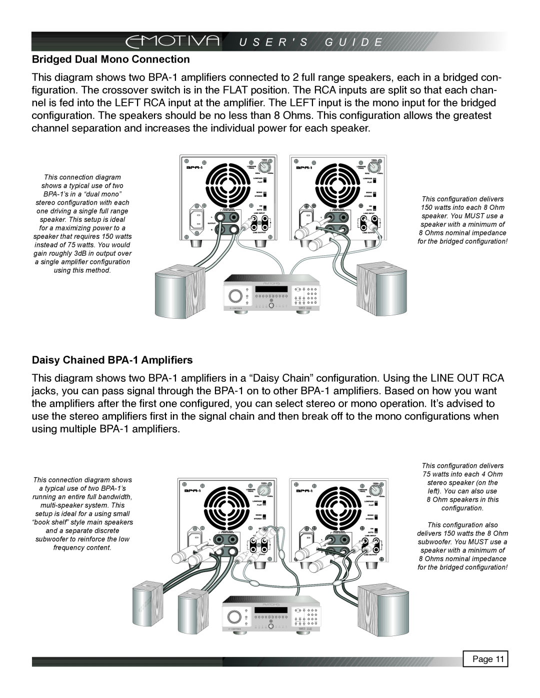 Emotiva pmn manual Bridged Dual Mono Connection, Daisy Chained BPA-1Amplifiers, This connection diagram shows 