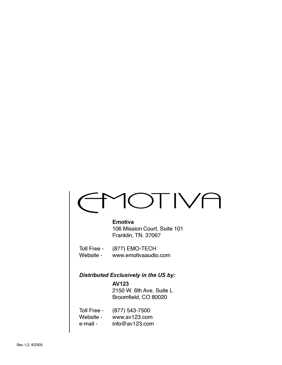 Emotiva pmn manual Emotiva, Distributed Exclusively in the US by, AV123, Rev 1.2, 8/2005 