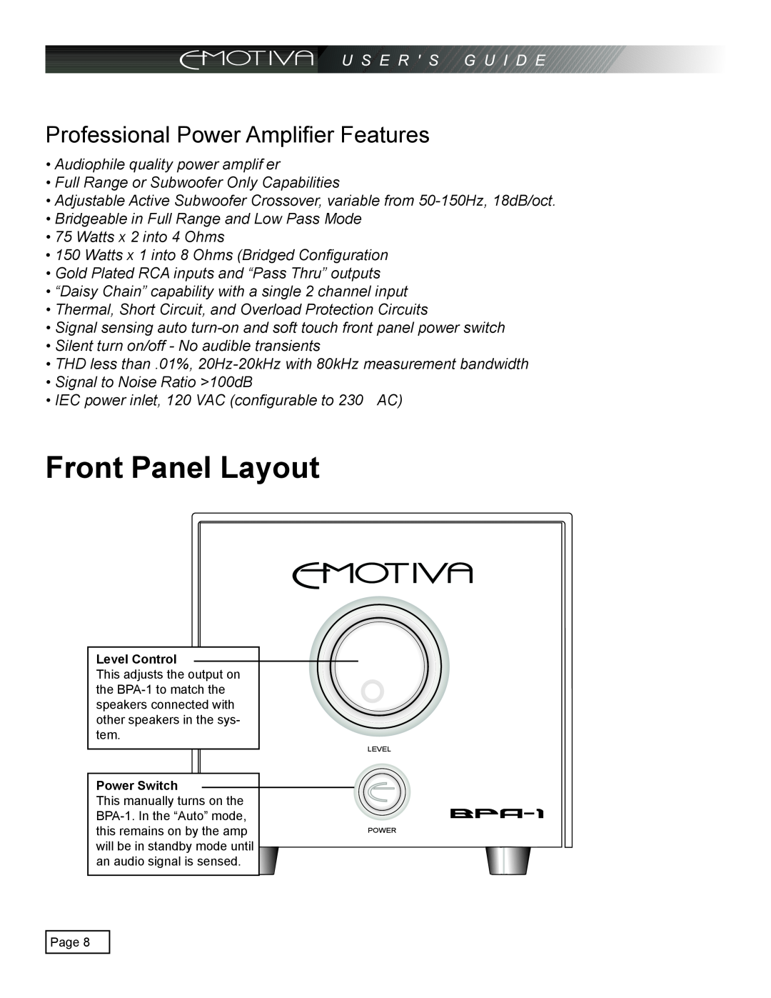 Emotiva pmn manual Front Panel Layout, Professional Power Amplifier Features 