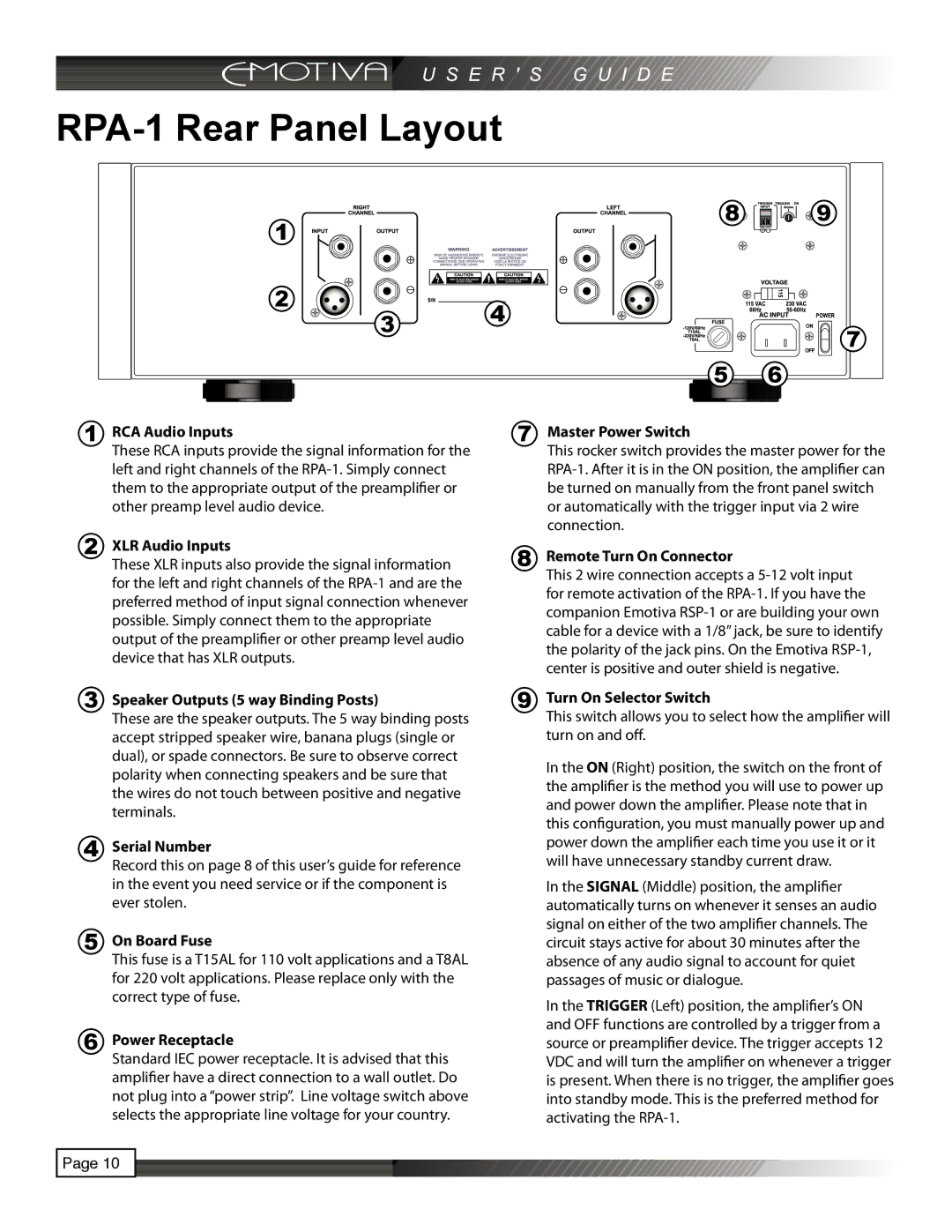 Emotiva manual RPA-1 Rear Panel Layout, RCA Audio Inputs 