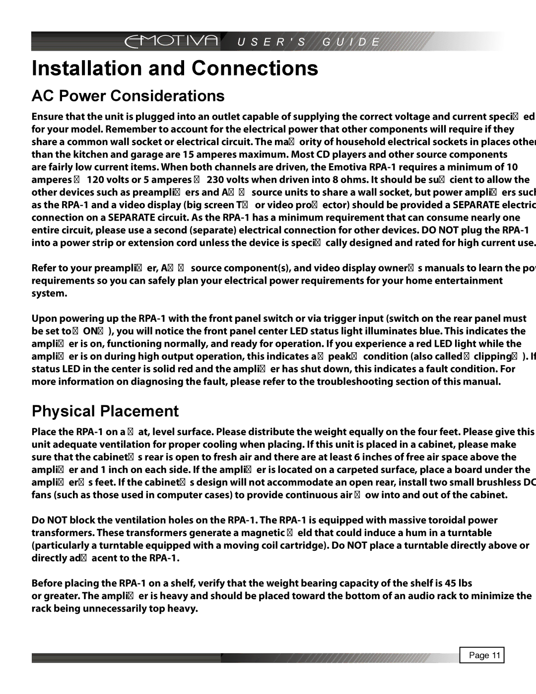 Emotiva RPA-1 manual Installation and Connections, AC Power Considerations, Physical Placement 