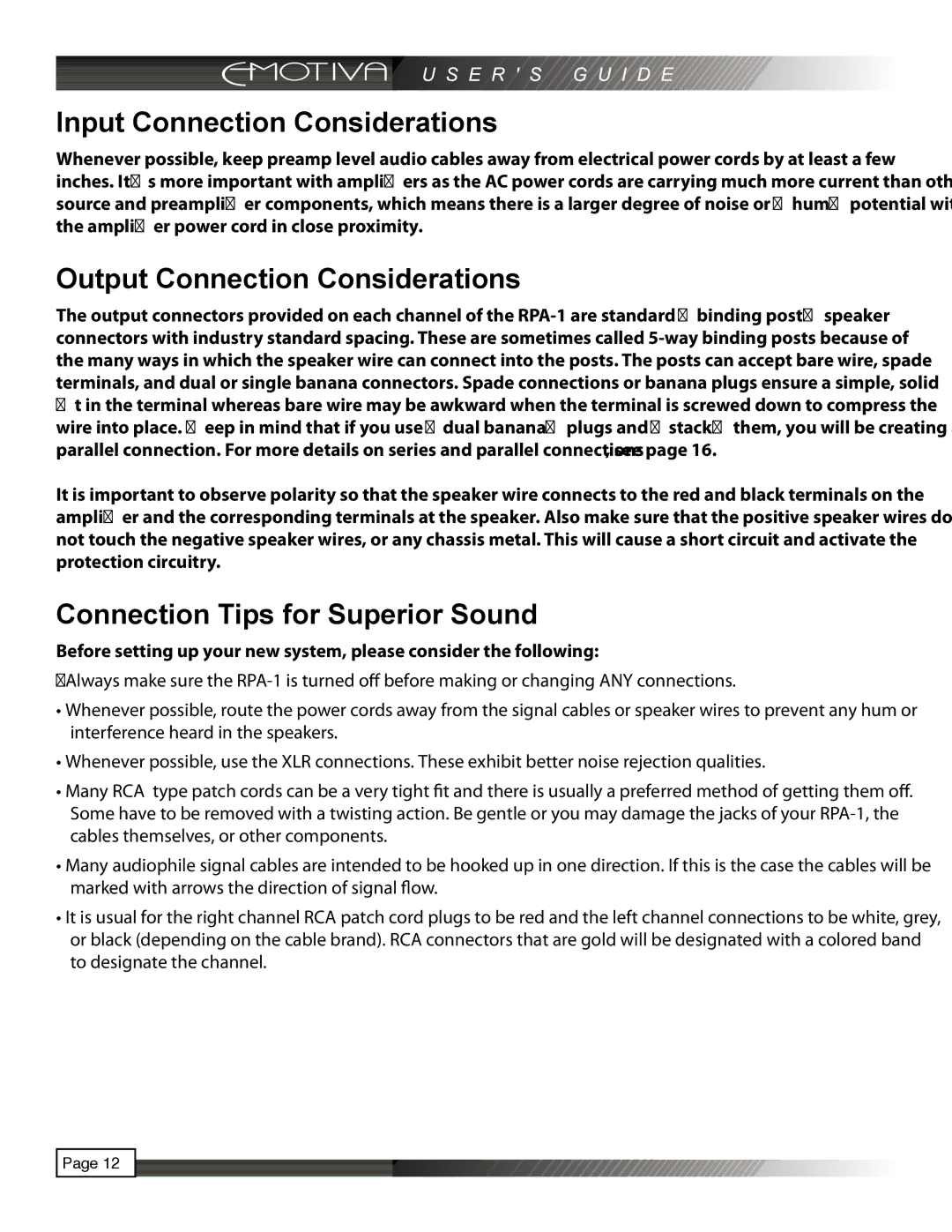 Emotiva RPA-1 manual Input Connection Considerations, Output Connection Considerations, Connection Tips for Superior Sound 