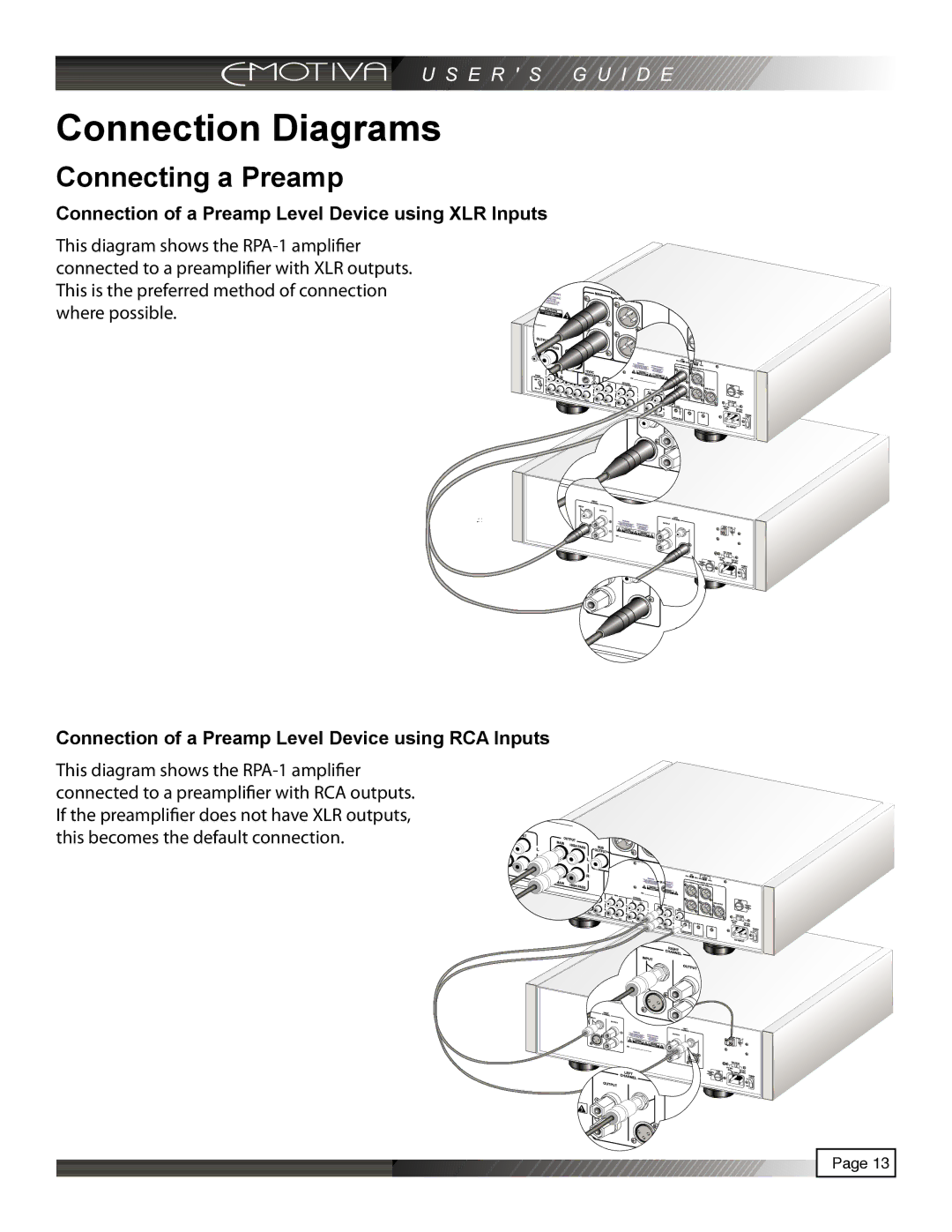 Emotiva RPA-1 manual Connection Diagrams, Connecting a Preamp, Connection of a Preamp Level Device using XLR Inputs 