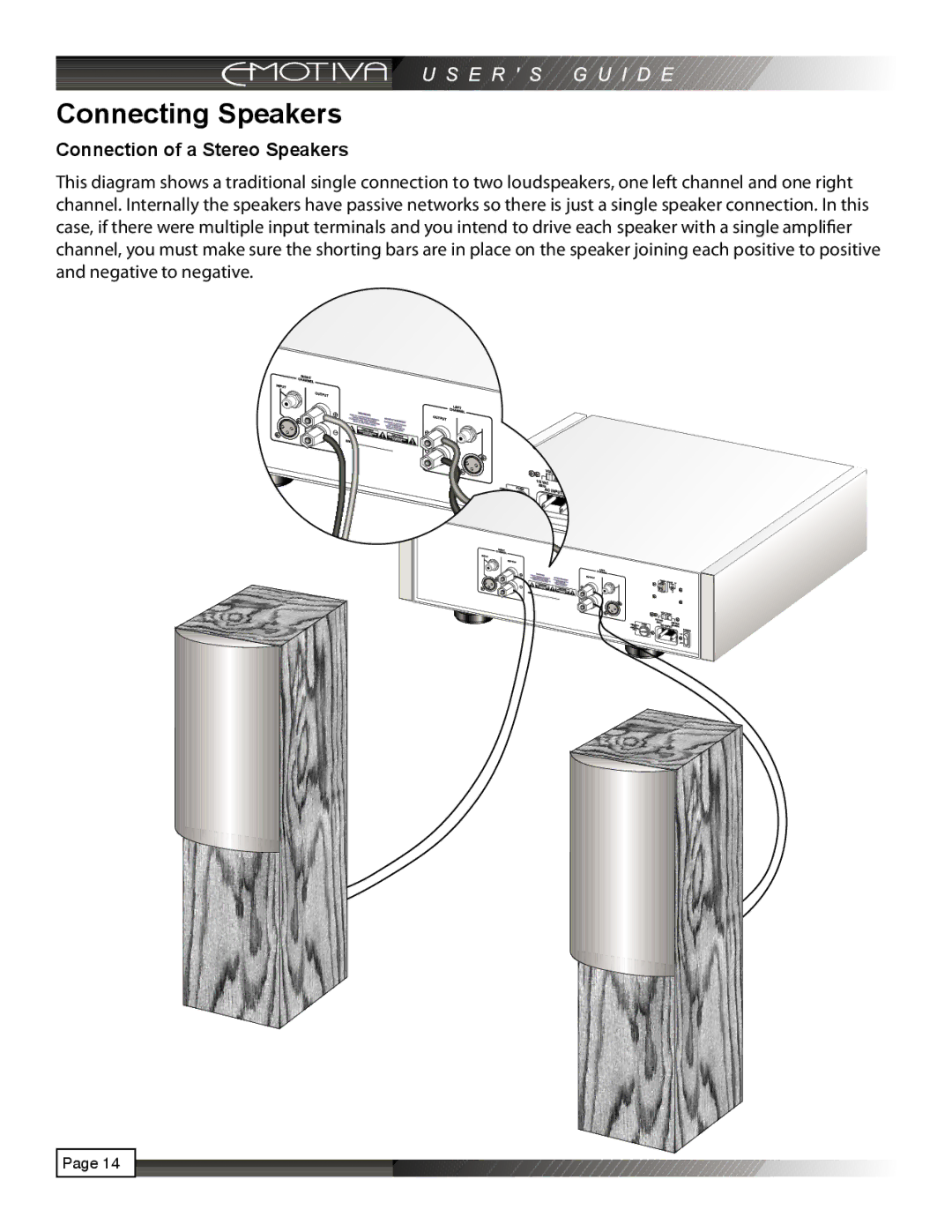 Emotiva RPA-1 manual Connecting Speakers, Connection of a Stereo Speakers 