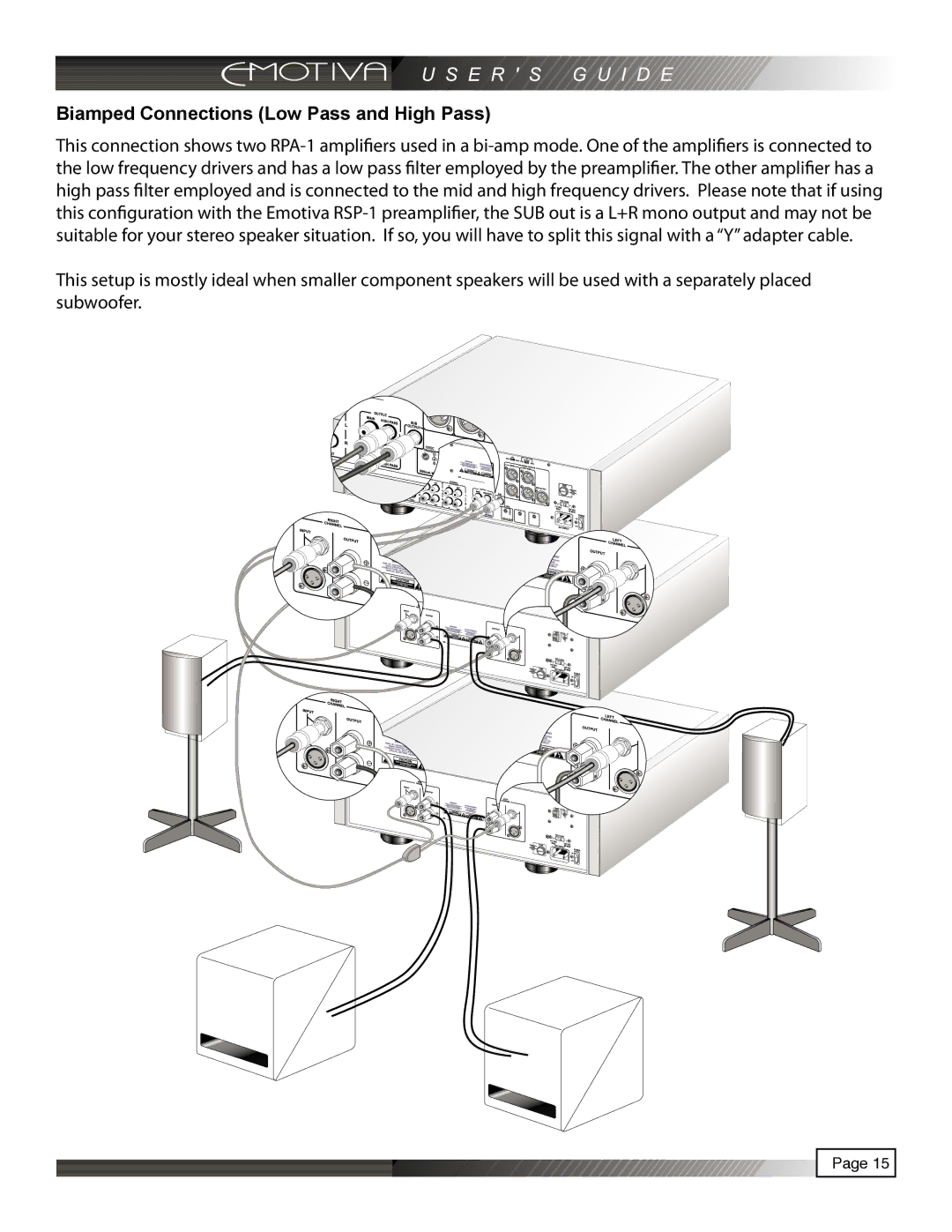 Emotiva RPA-1 manual Biamped Connections Low Pass and High Pass 