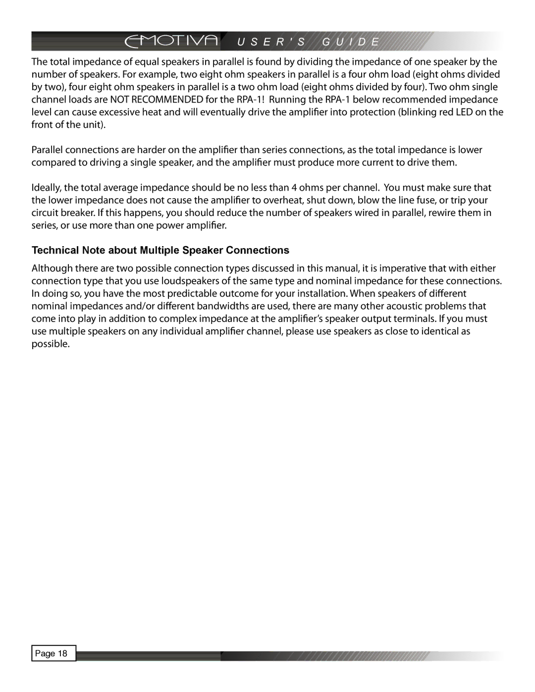 Emotiva RPA-1 manual Technical Note about Multiple Speaker Connections 