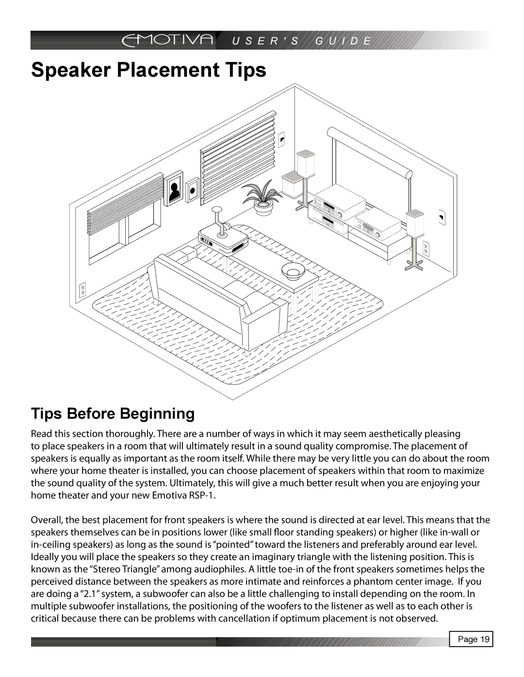 Emotiva RPA-1 manual Speaker Placement Tips, Tips Before Beginning 