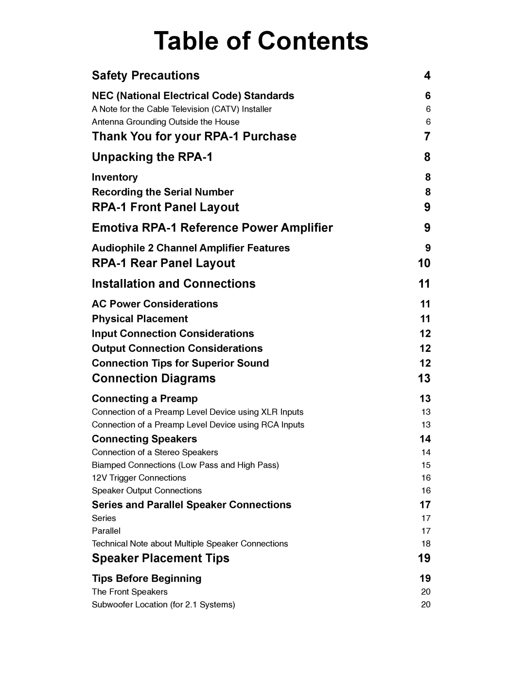 Emotiva RPA-1 manual Table of Contents 