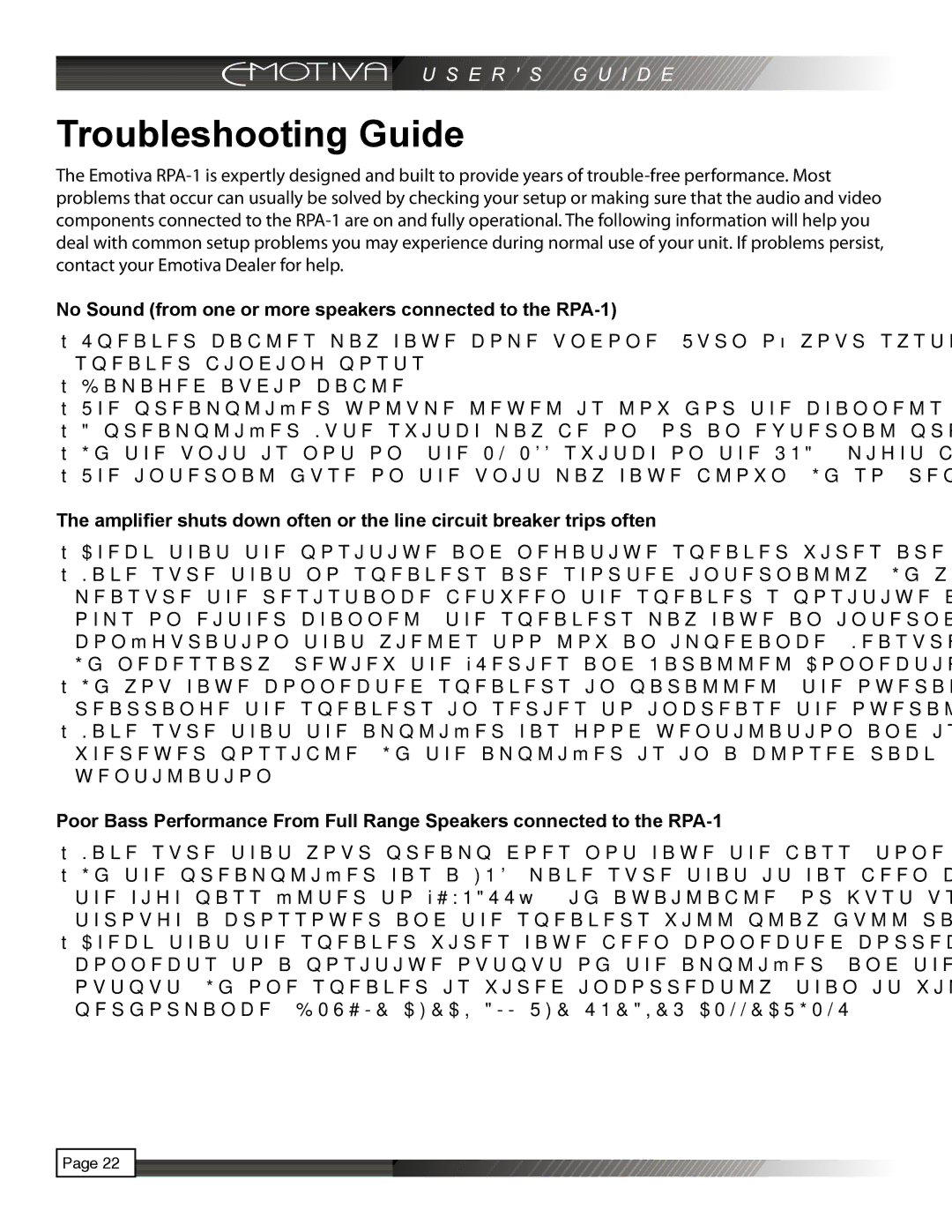 Emotiva manual Troubleshooting Guide, No Sound from one or more speakers connected to the RPA-1 