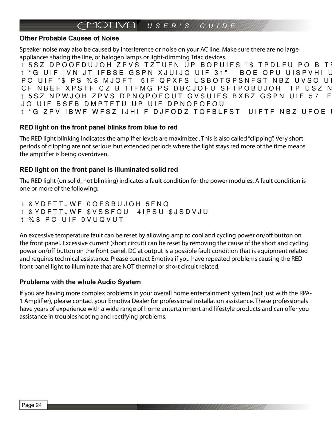Emotiva RPA-1 manual Other Probable Causes of Noise, RED light on the front panel blinks from blue to red 