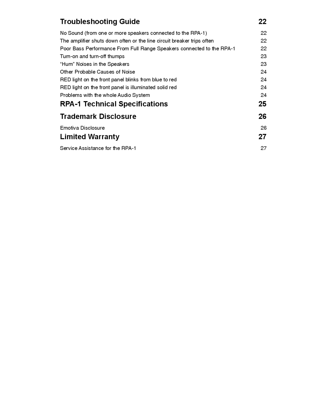 Emotiva manual RPA-1 Technical Specifications Trademark Disclosure 