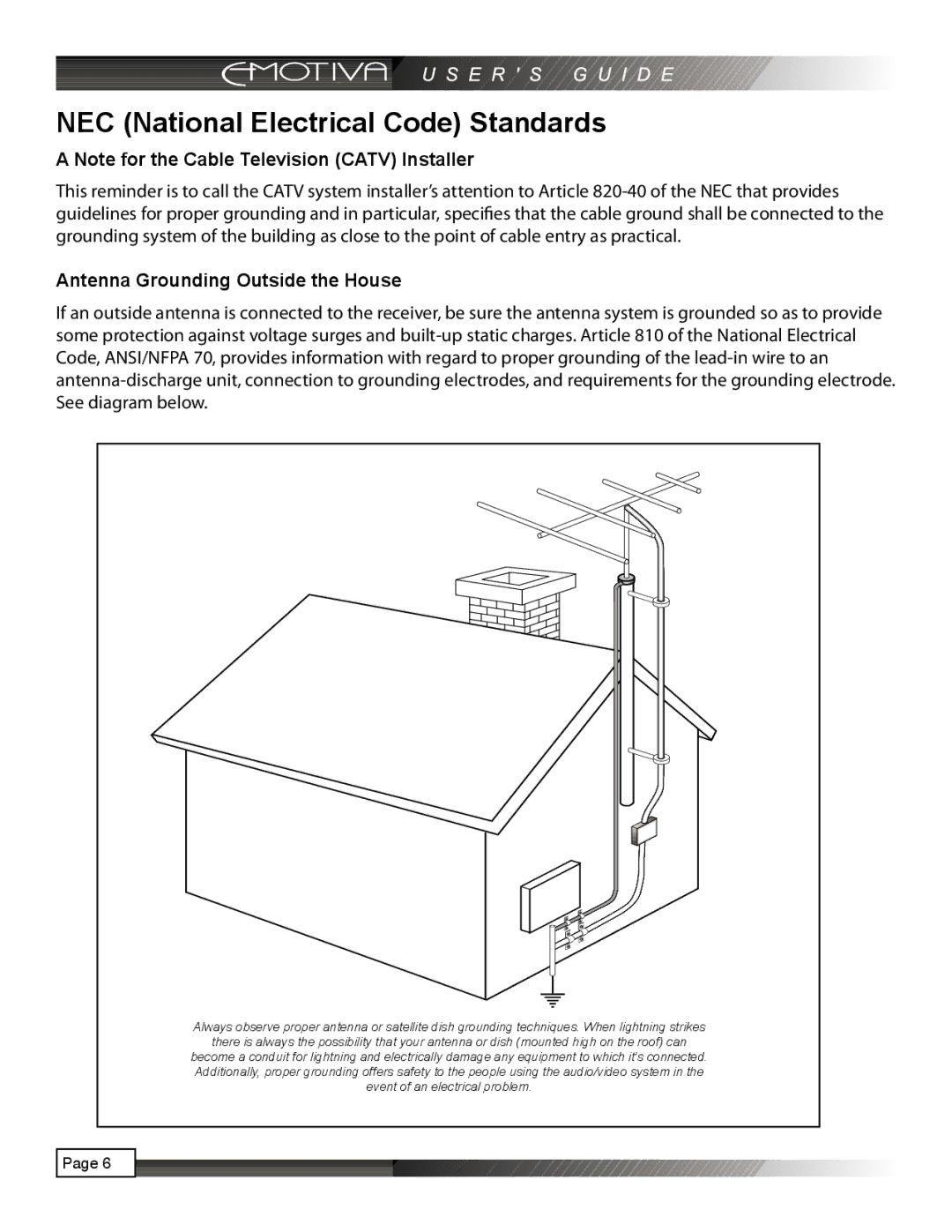 Emotiva RPA-1 manual NEC National Electrical Code Standards, Antenna Grounding Outside the House 