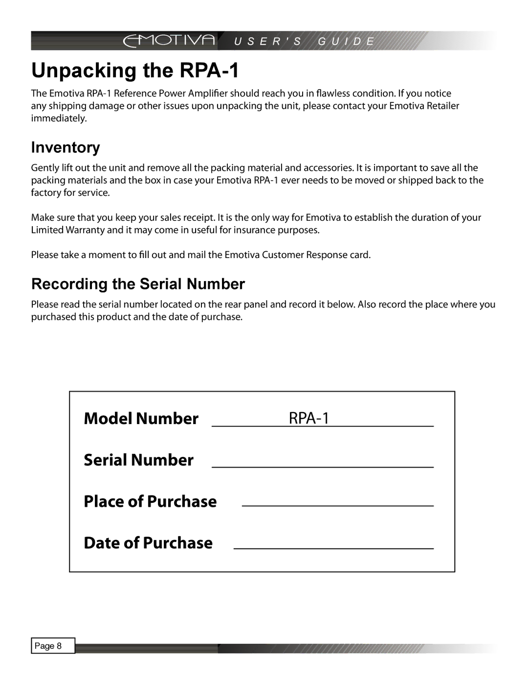 Emotiva manual Unpacking the RPA-1, Inventory, Recording the Serial Number 